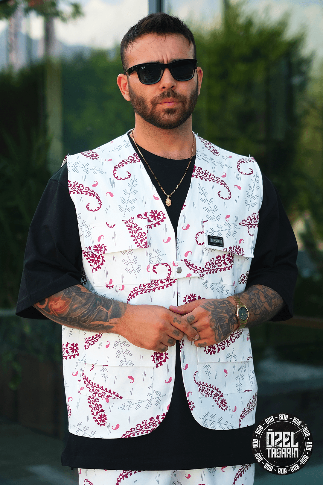 808 Kızıl Paisleyı Desen Oversize Takım ( Yelek + Şort )