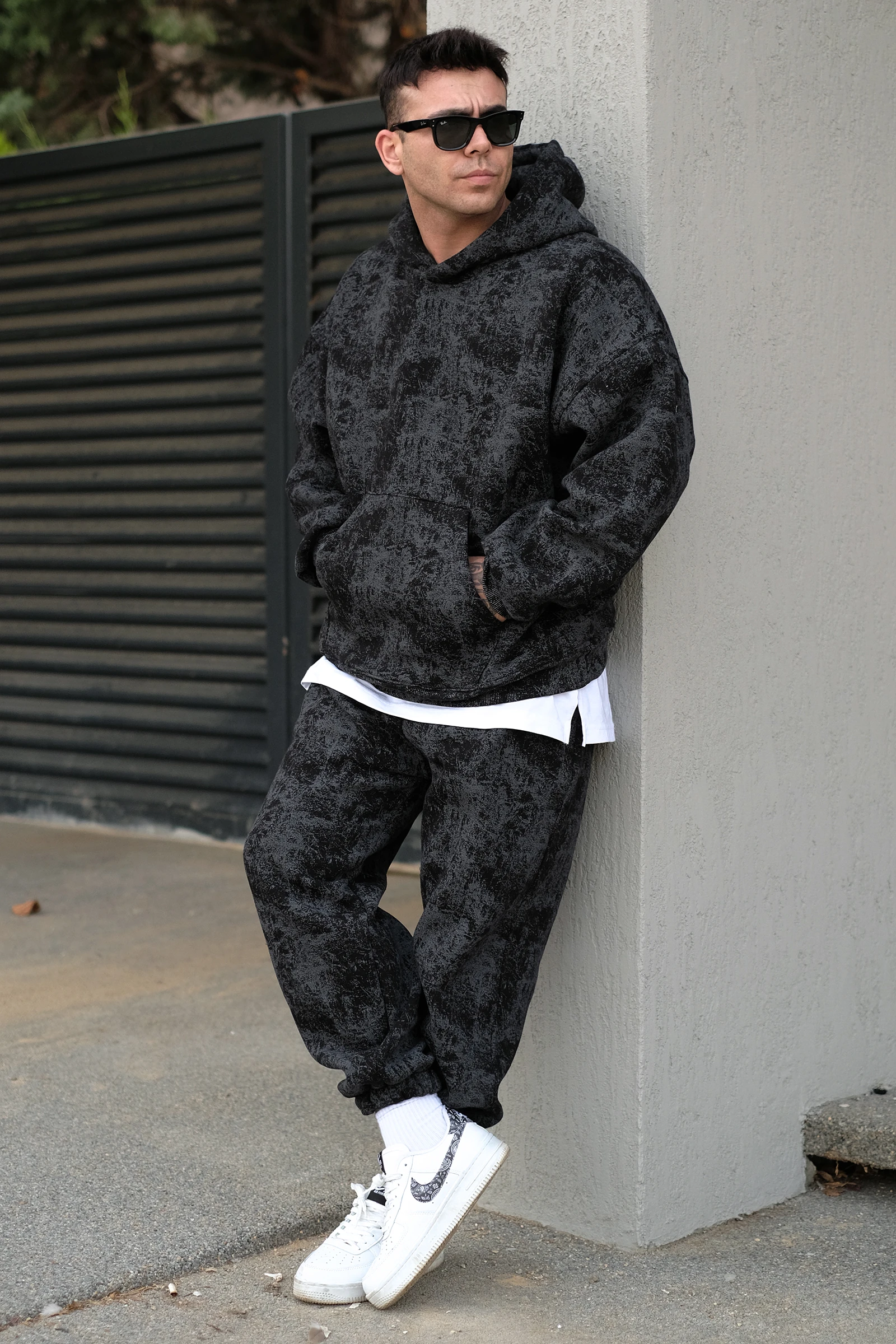 808 Eskitme Efekt Extra Oversize Puff Hoodie - Siyah