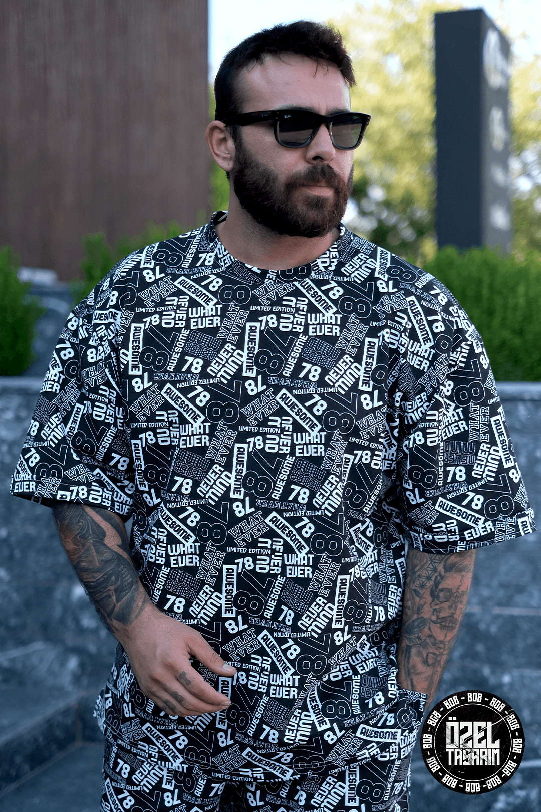 808 78 Desen Tok Oversize Sıfır Yaka Tişört