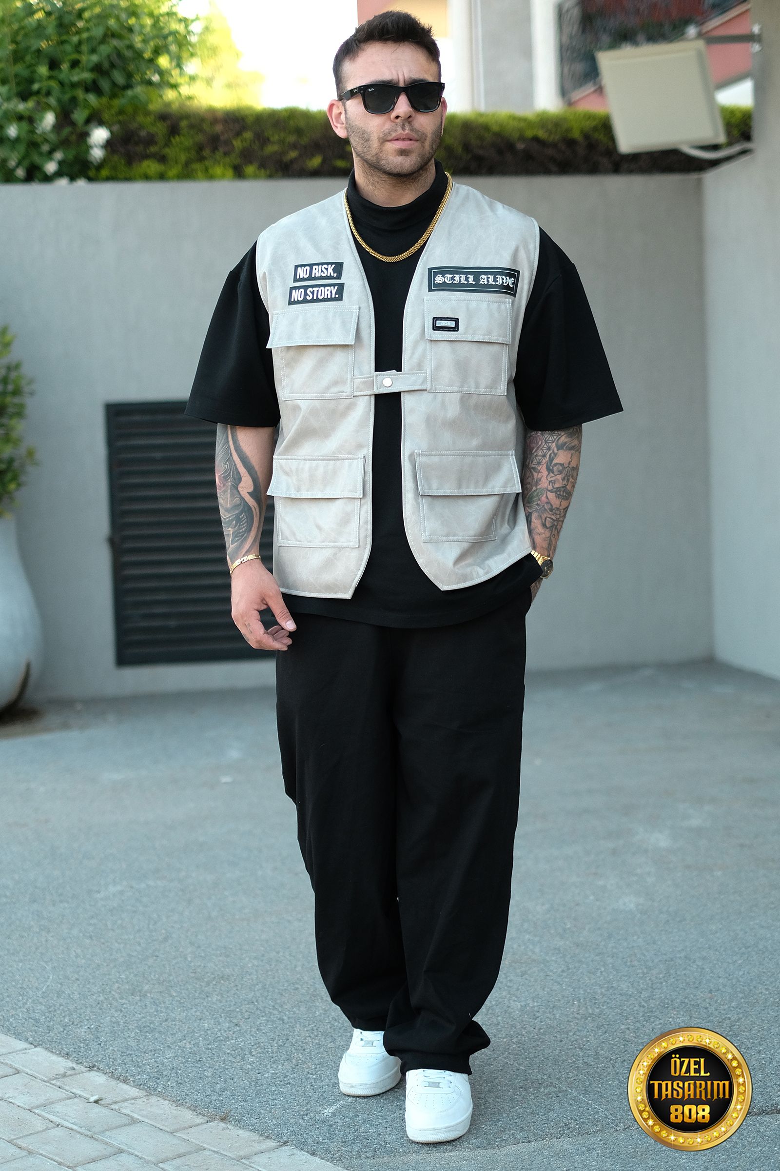 808 Oversize Tek Düğme ''Still Alive '' Deri Patch Yelek