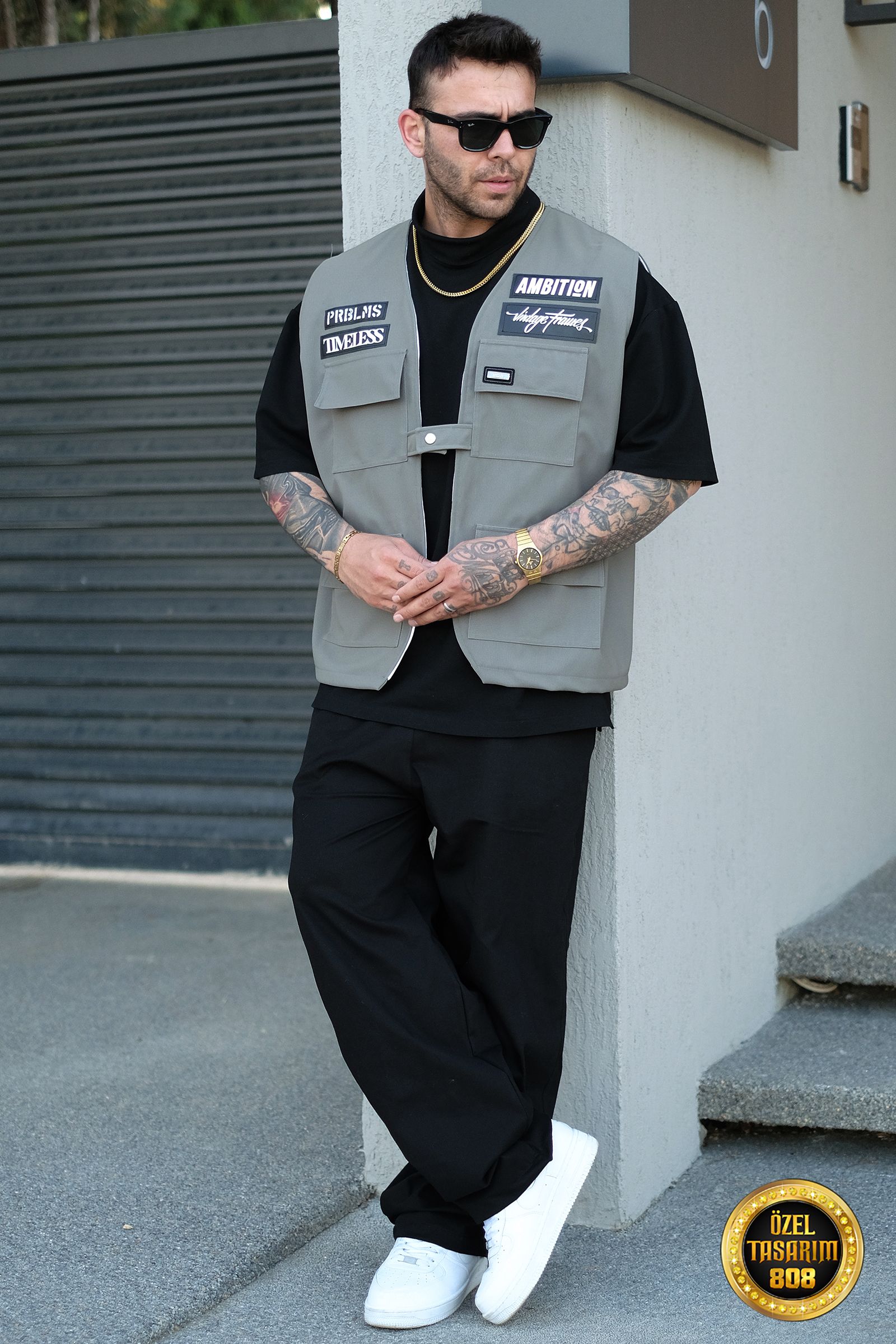 808 Oversize Tek Düğme '' Ambition '' Deri Patch Yelek (Koyu Gri)