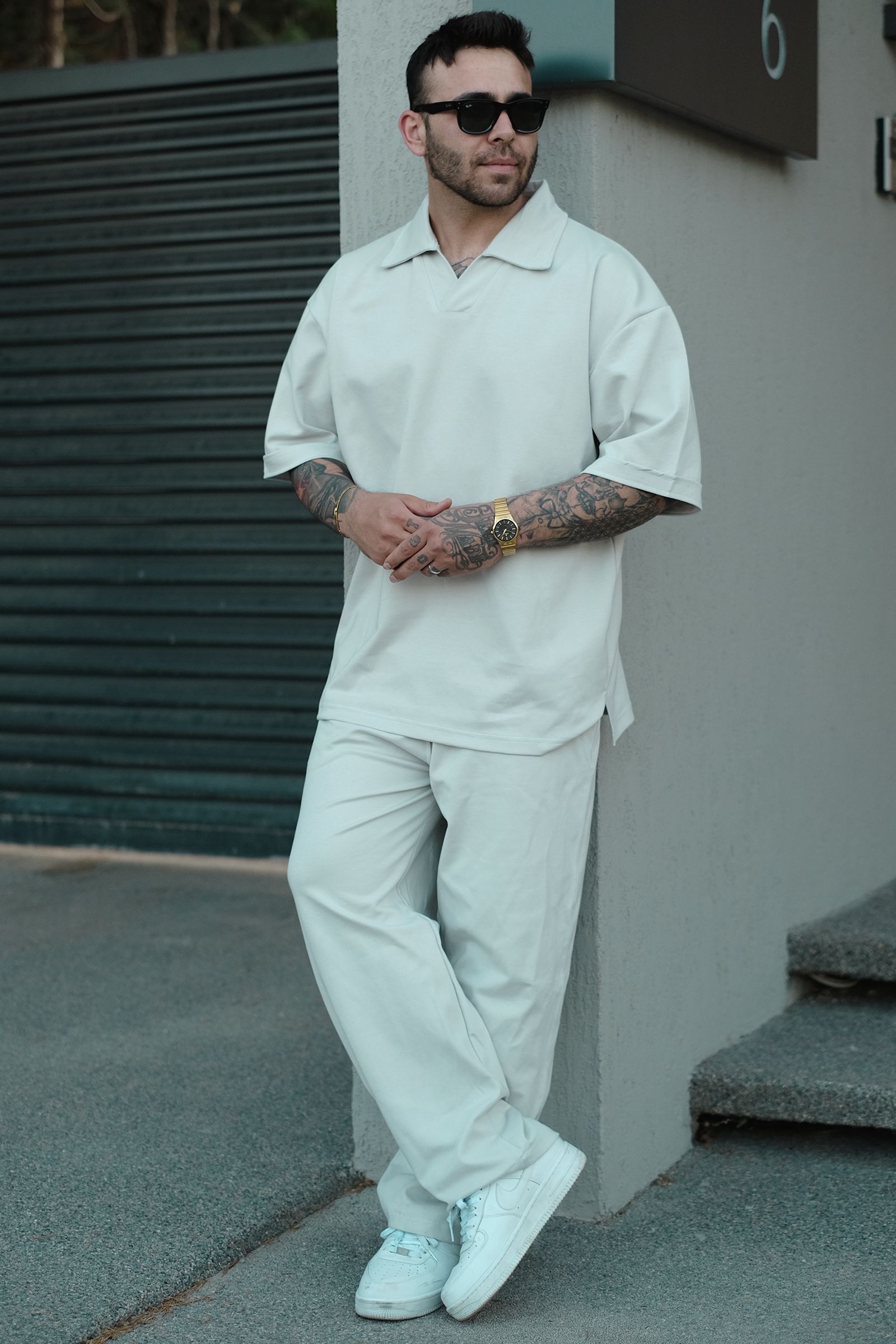 808 Yakalı Basic Tok Oversize Tişört - Açık Gri
