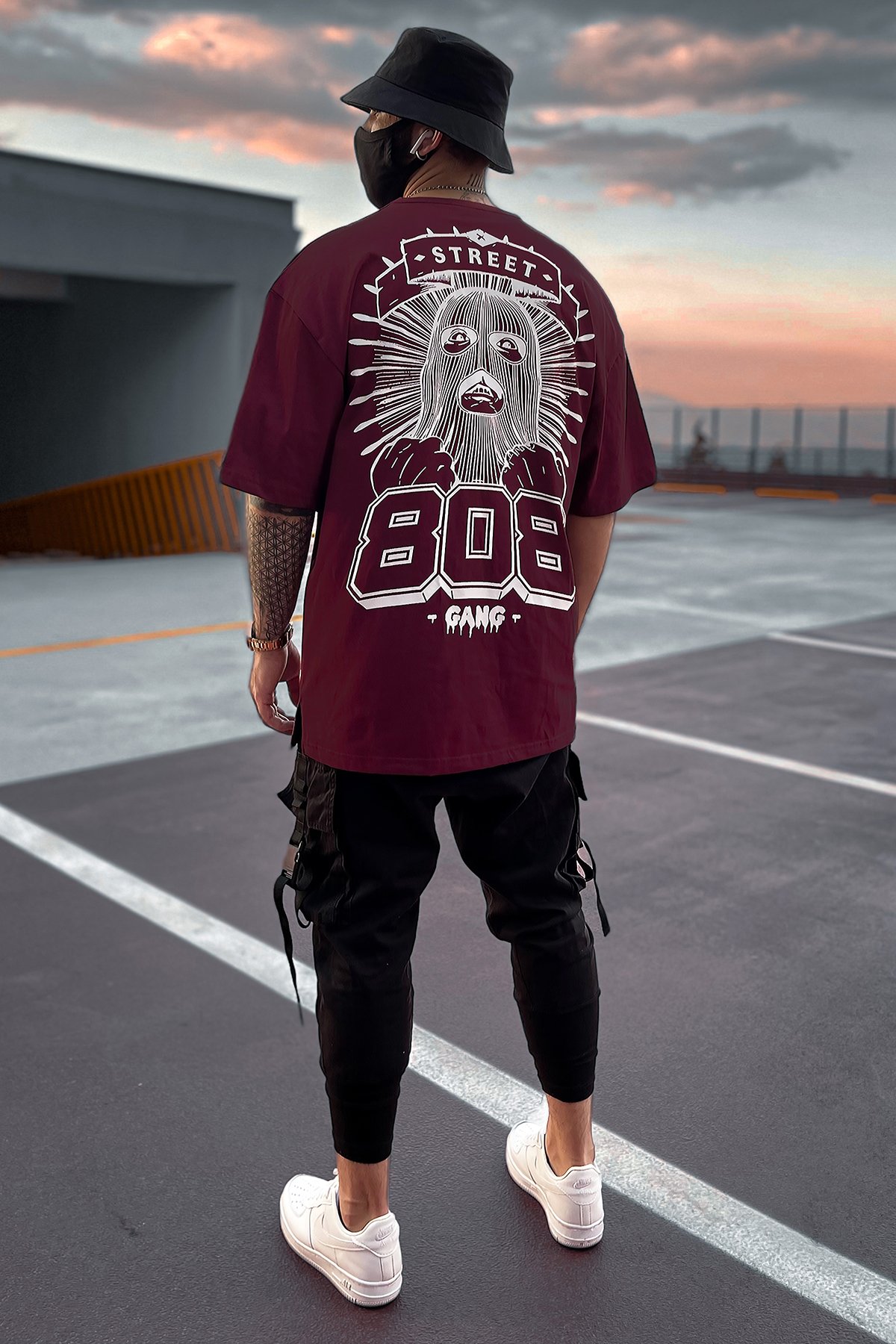 808 '' 808 GANG '' Baskılı Oversize Tişört - Bordo