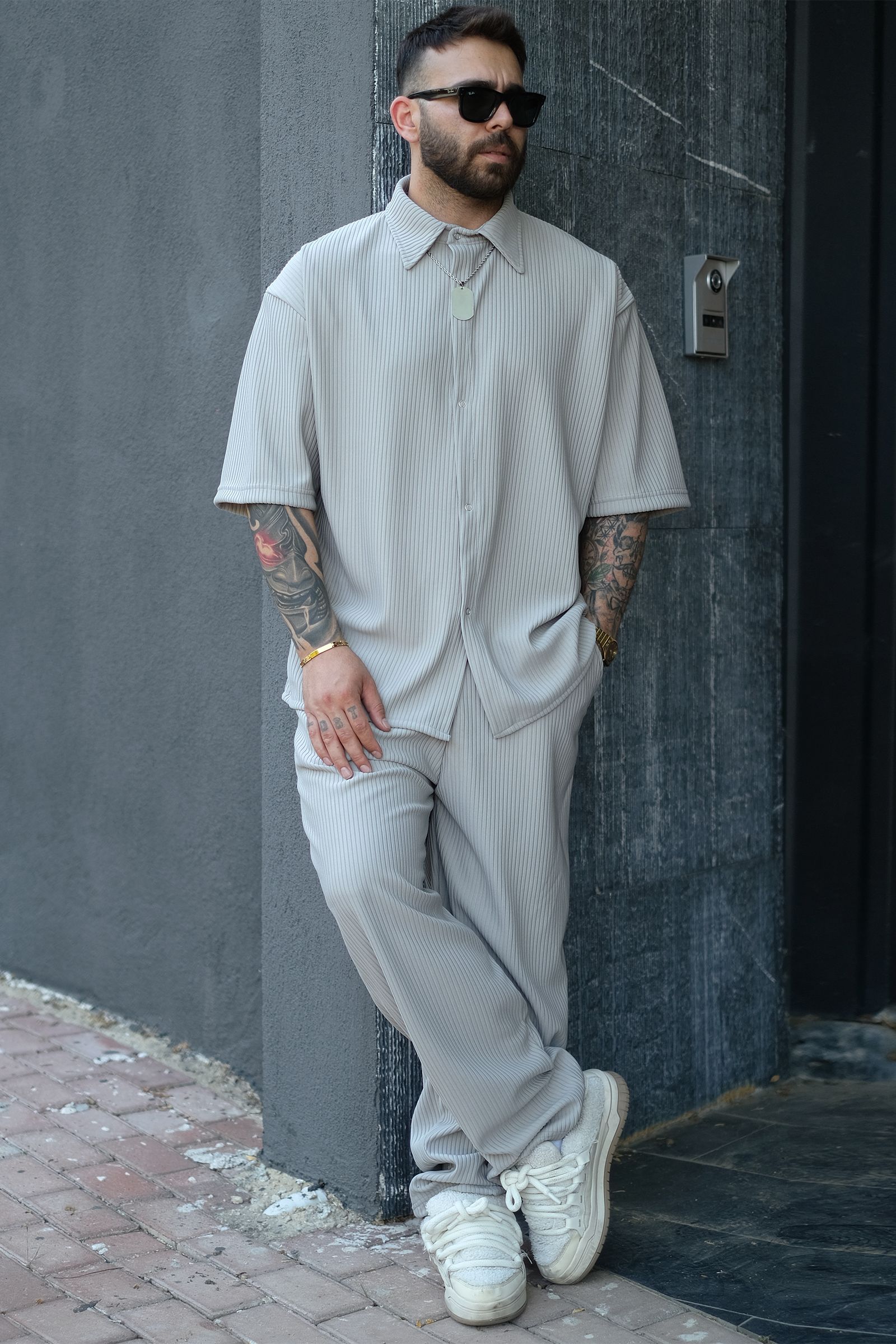 808 Fitil Dokulu Oversize Tok Takım (Gömlek - Jogger)