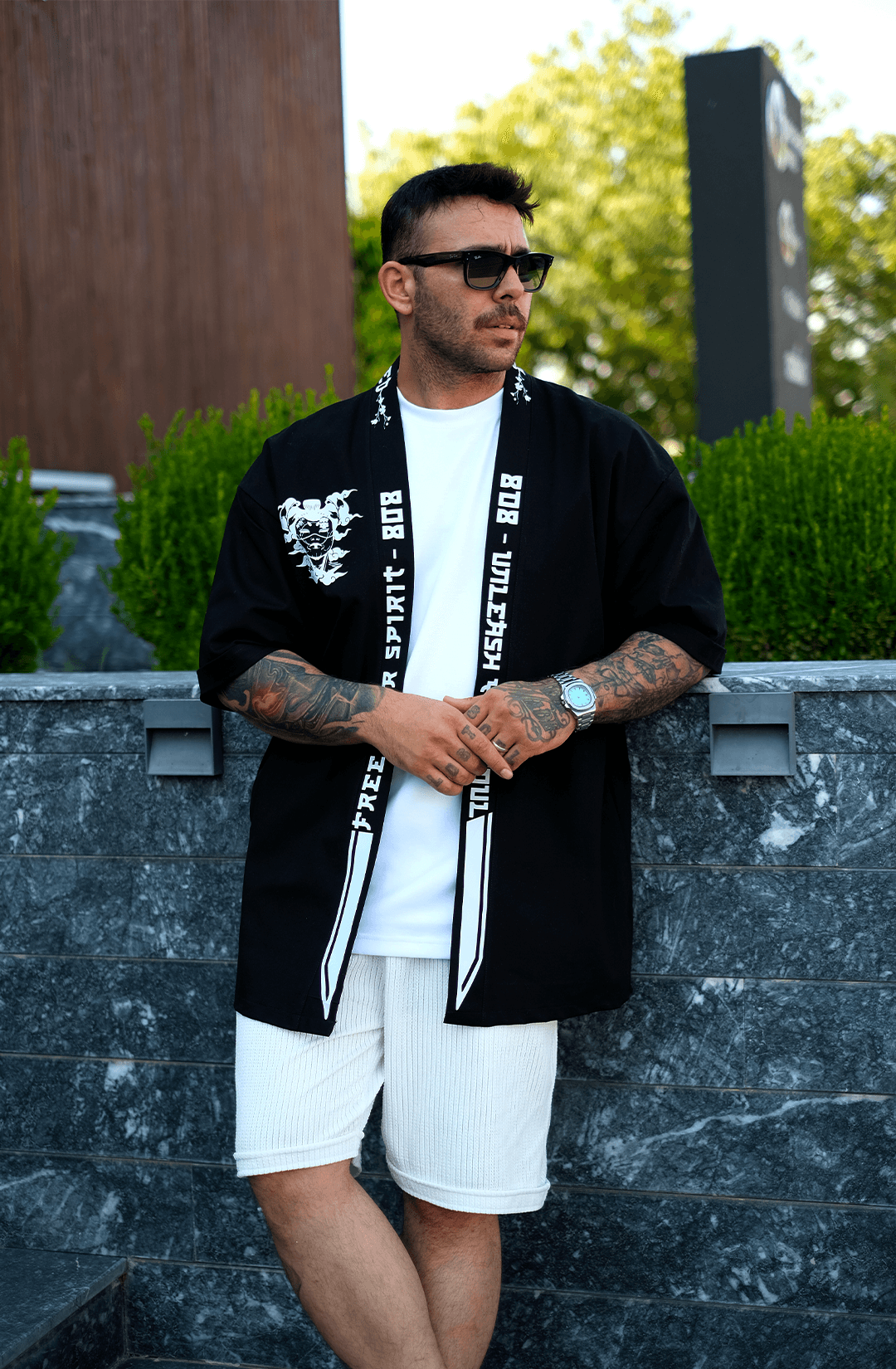 808 Orochi Baskı Detay Oversize Kimono - Siyah