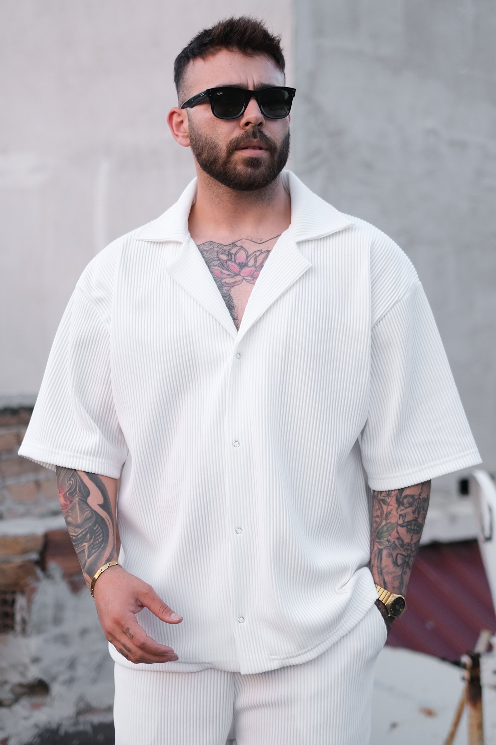 808 Fitil Dokulu Oversize V Yaka Gömlek
