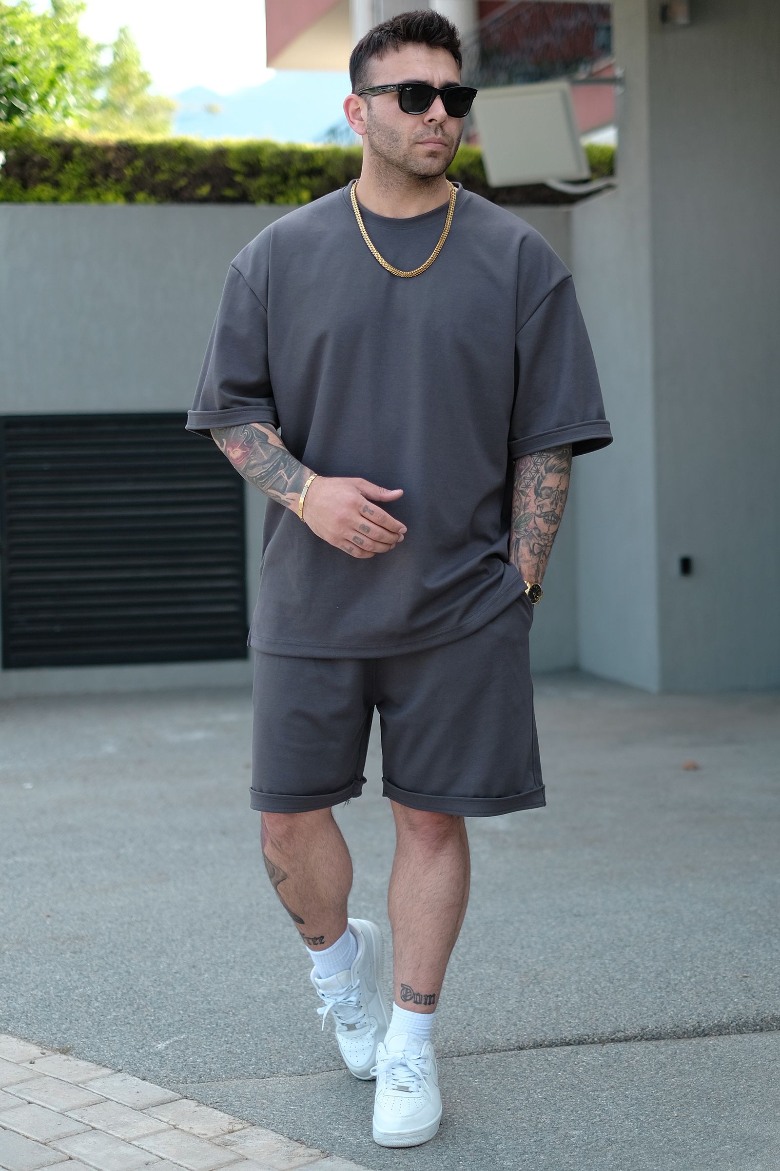 808 Basic Tok Oversize Şort - Koyu Gri