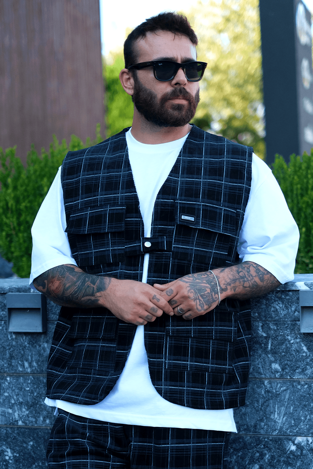 808 Metal Grid Desen Tek Düğme Oversize Yelek