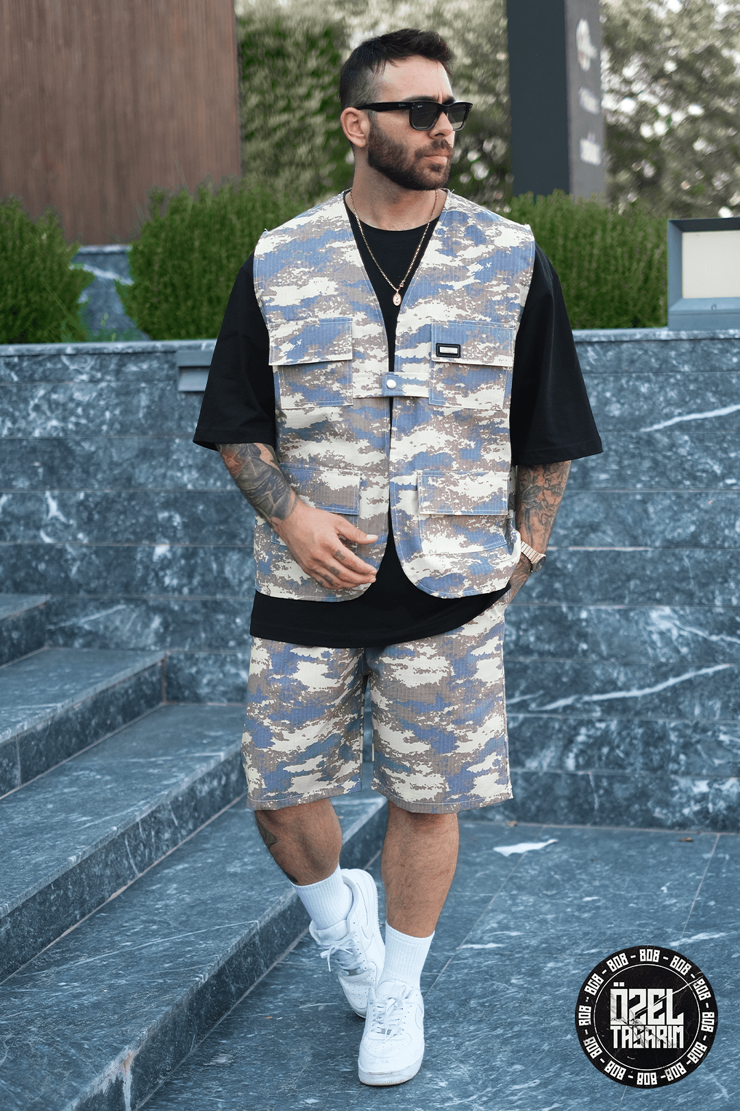 808  Dijital Kum Desen Oversize Takım ( Yelek + Şort )