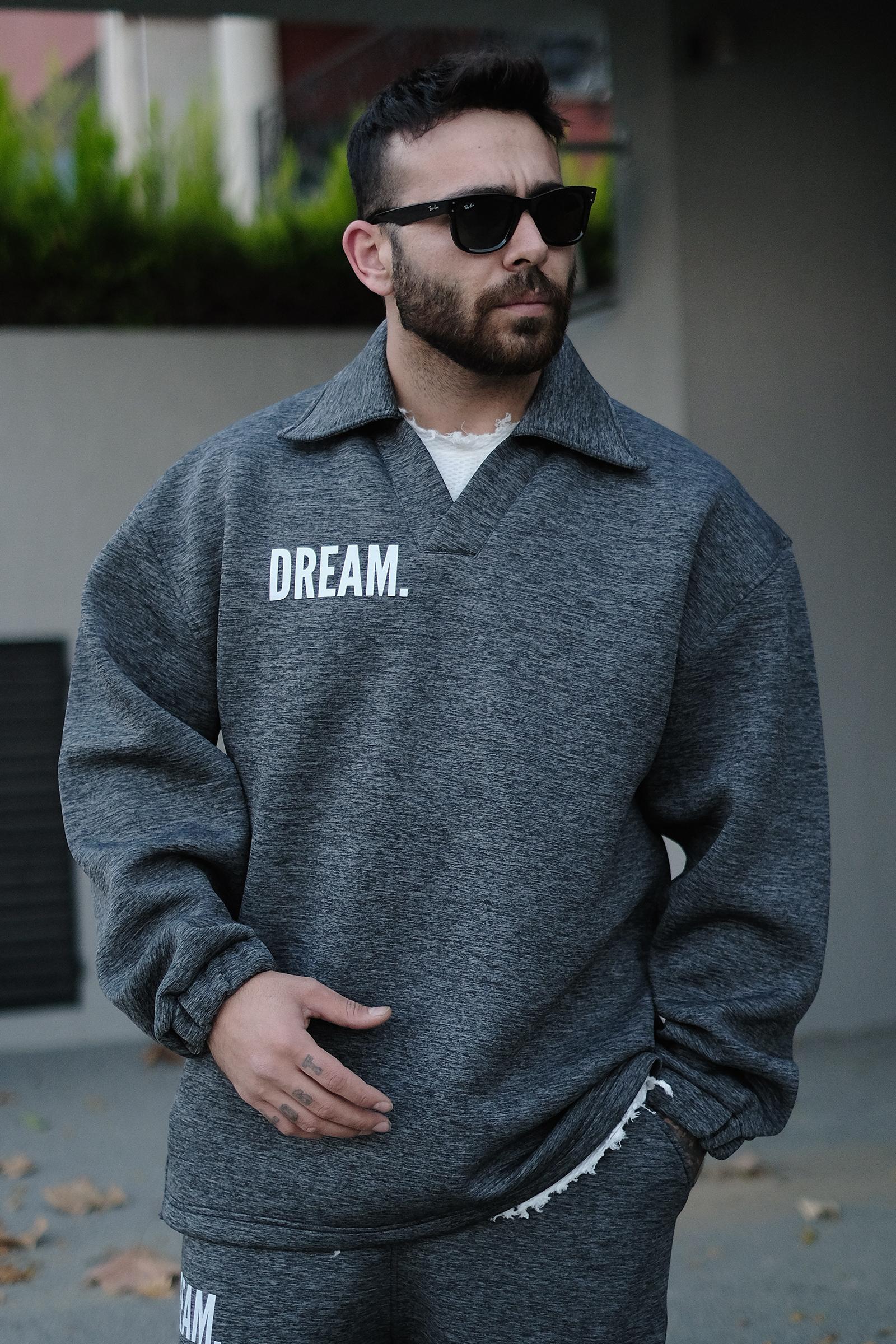 808 Dream Baskılı Özel Tasarım Yakalı Oversize Sweatshirt - Gri