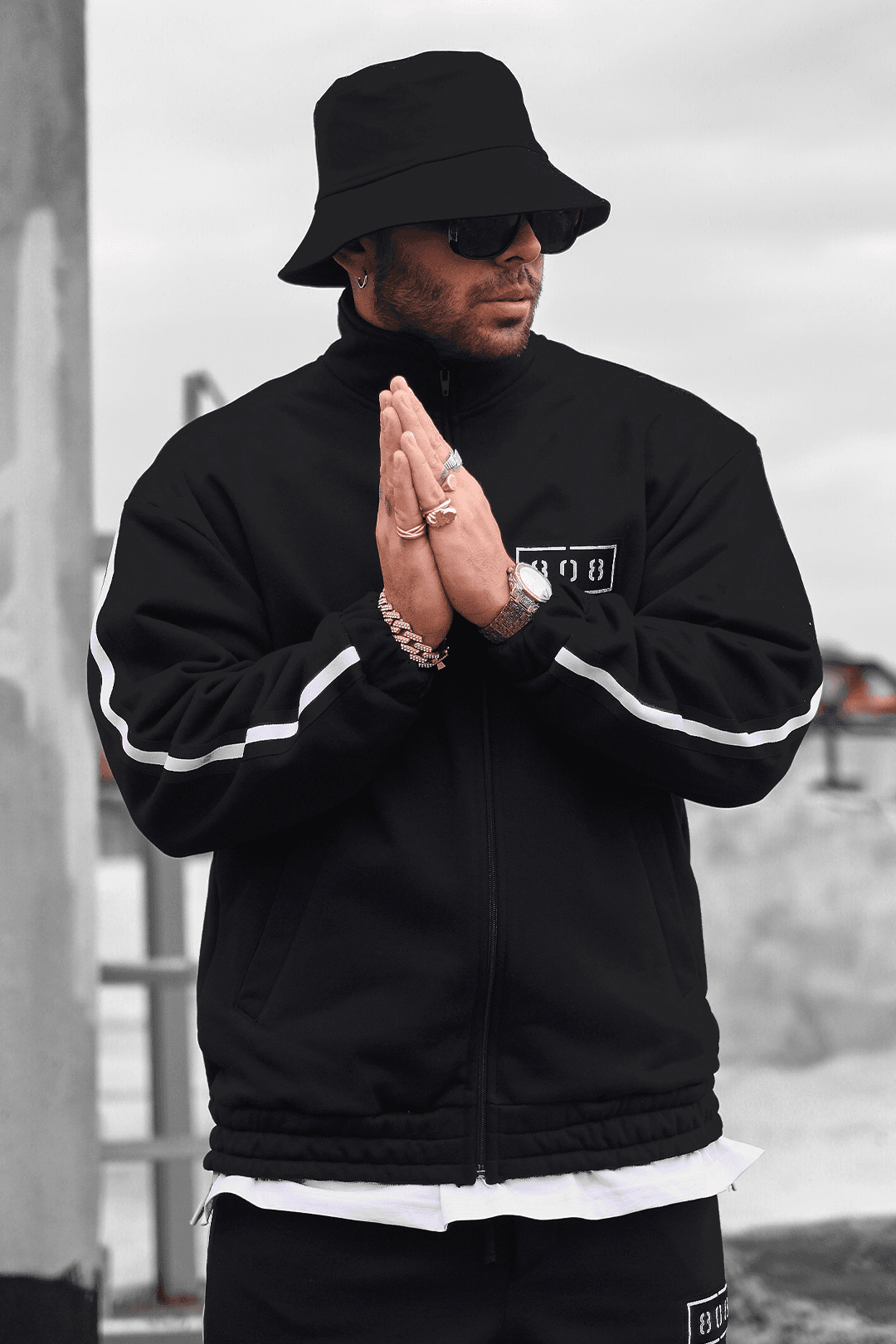 808 Dokuma Şerit Detay Oversize Ceket - Beyaz Şerit