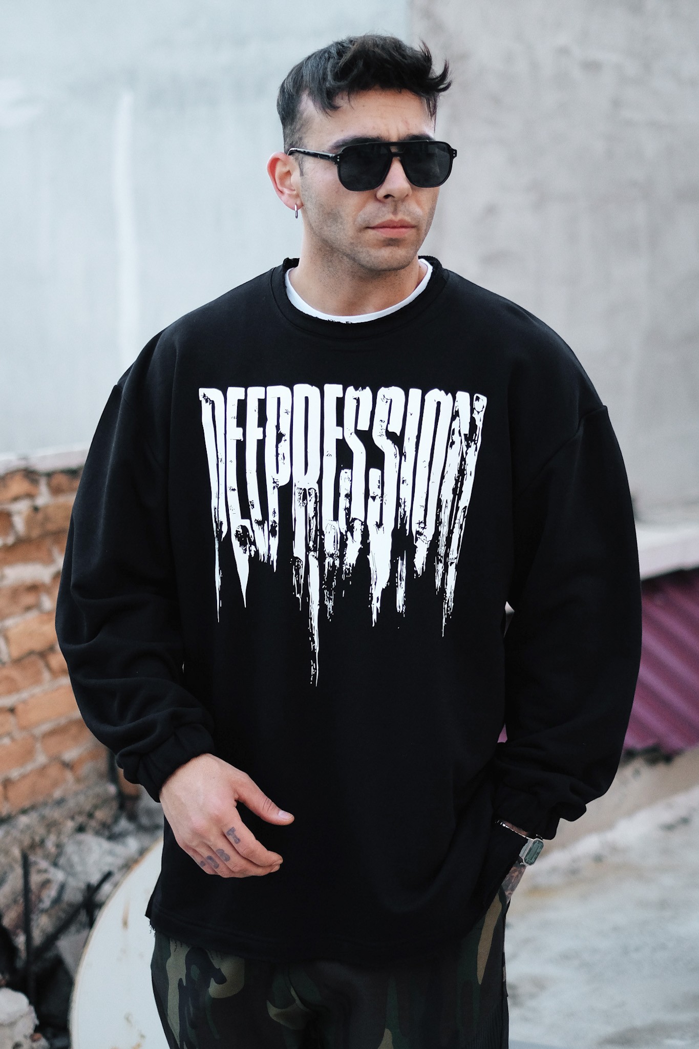 808 ''Depreession'' Göğüs Baskılı Oversize Sweatshirt - Siyah