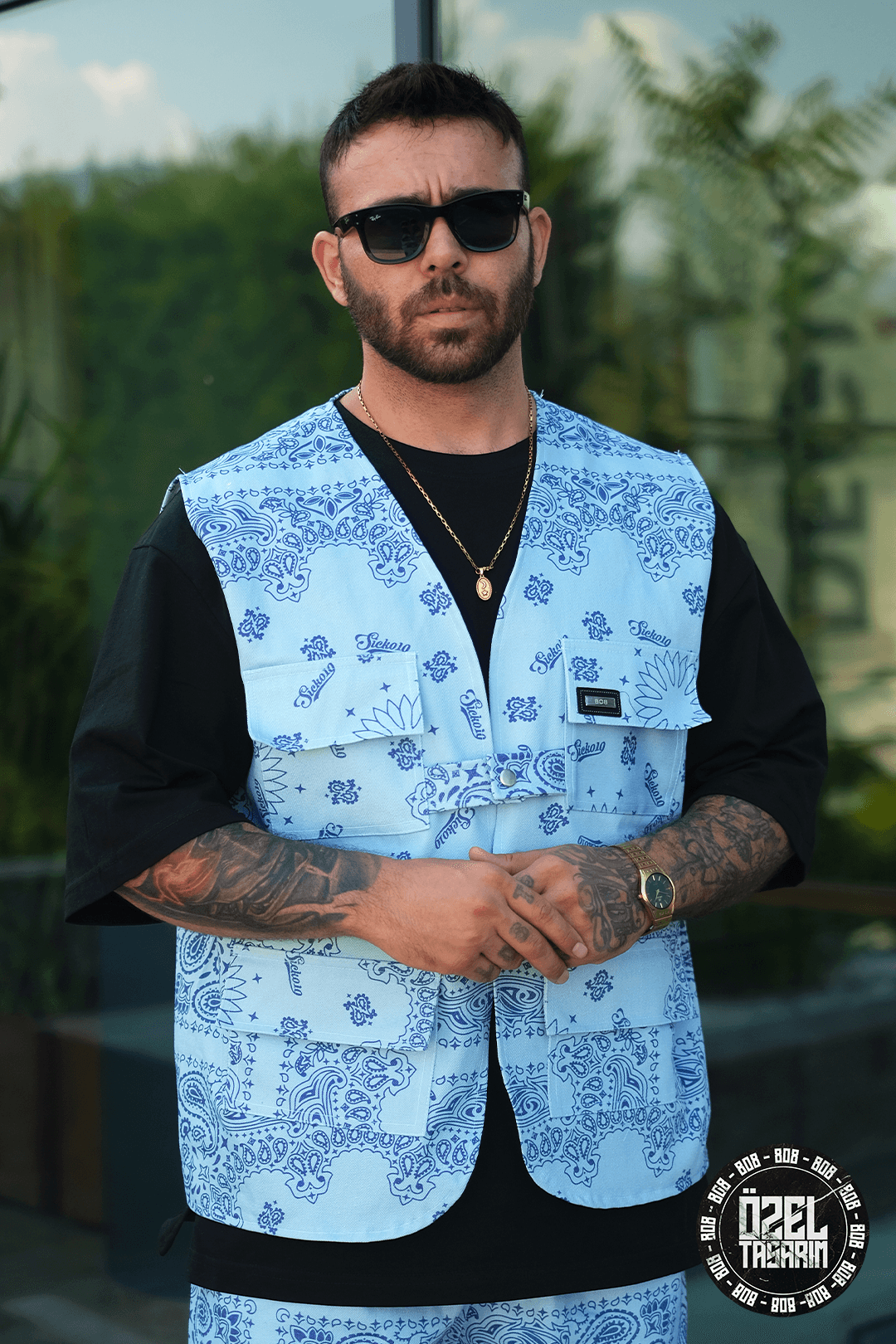 808 Ocean Bandana Desen Tek Düğme Oversize Yelek
