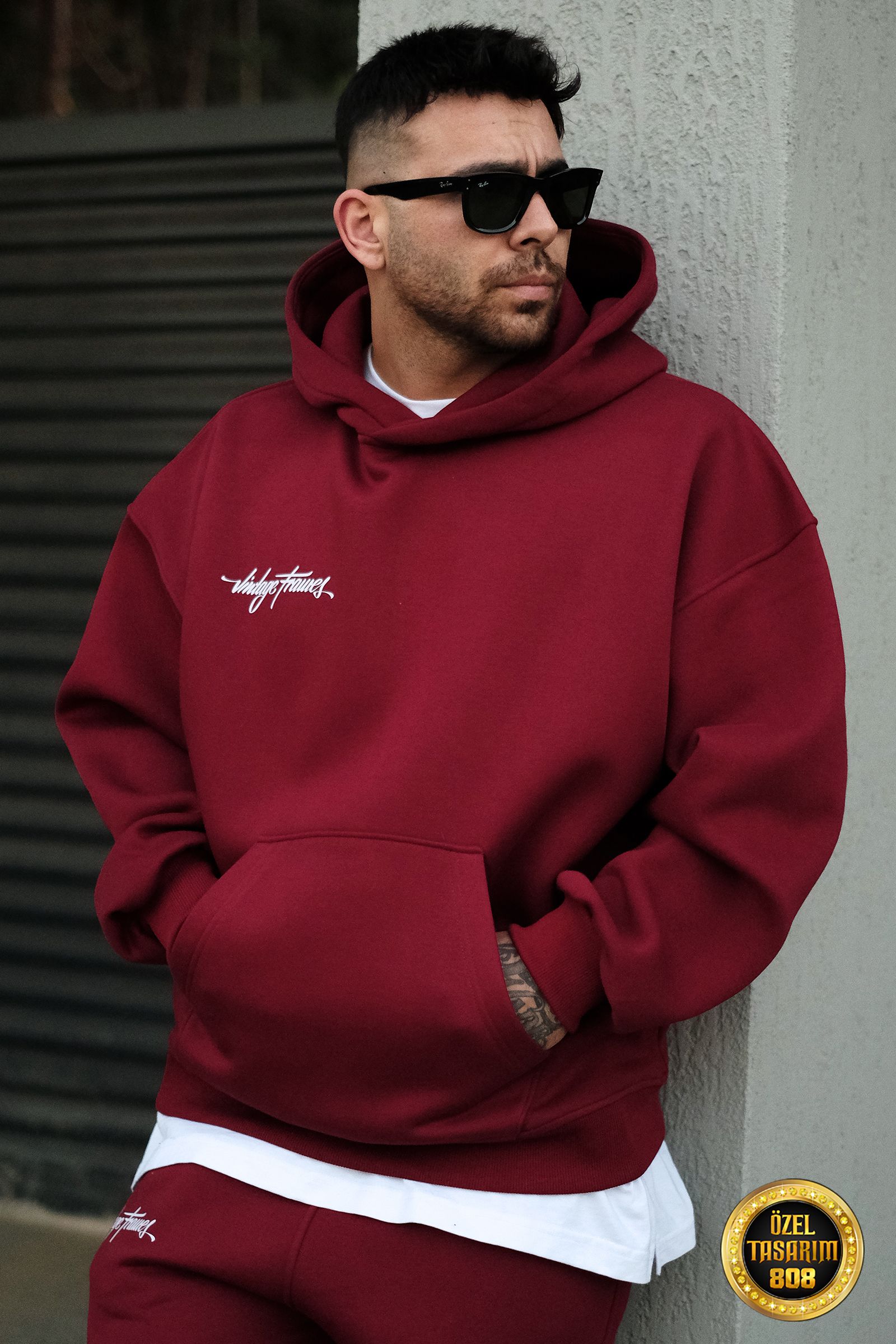 808 Vintage Frames Baskılı Özel Tasarım Oversize Hoodie - Bordo