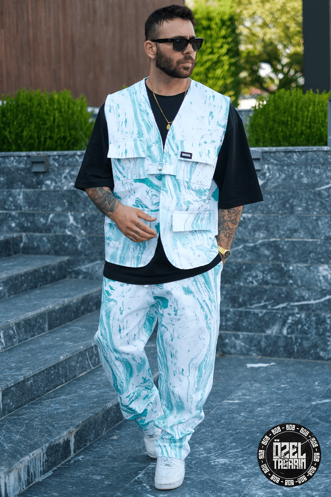 808 Batik Desen Oversize Tek Düğme Kot Takım (Yelek + Jogger)