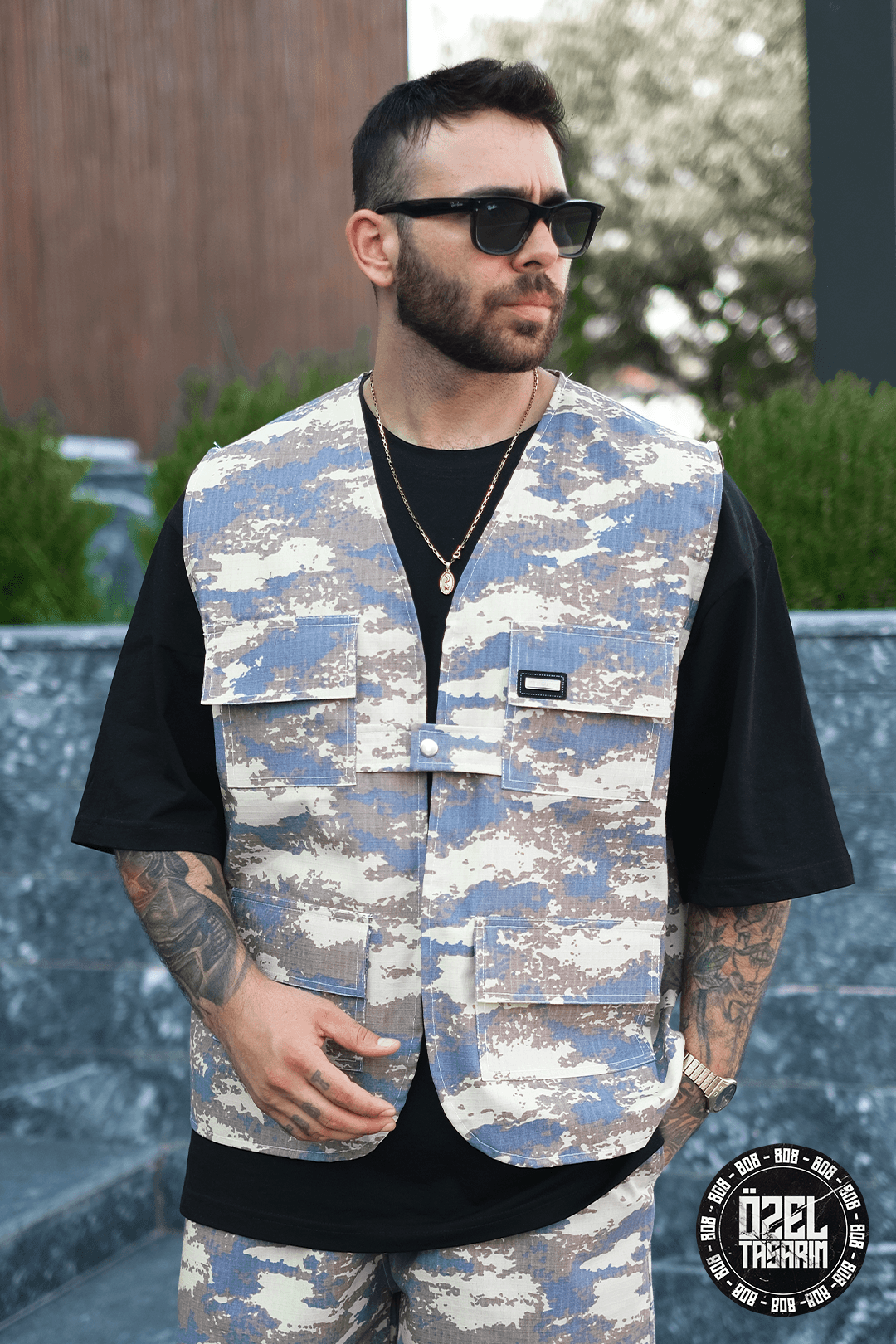 808 Dijital Kum Desen Tek Düğme Oversize Yelek