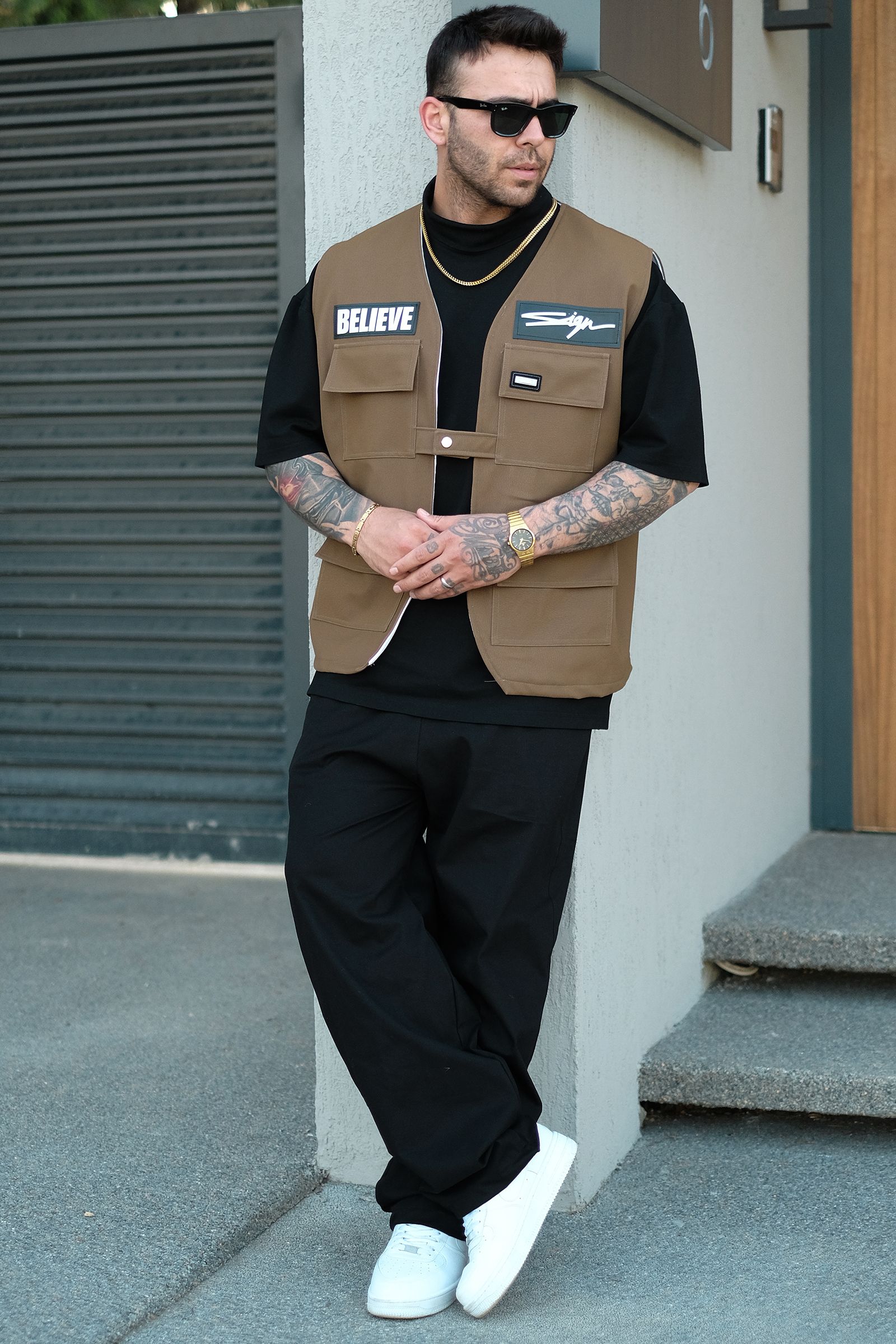 808 Oversize Tek Düğme ''Believe Yelek - Taba