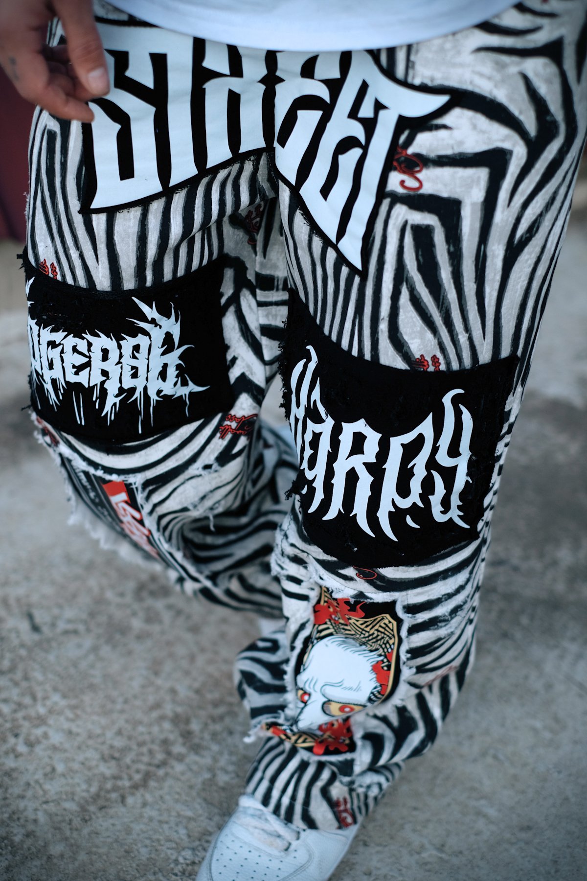 808 Zebra Desen Deri ve Baskılı Kumaş Yamalı Özel Tasarım Baggy Jogger