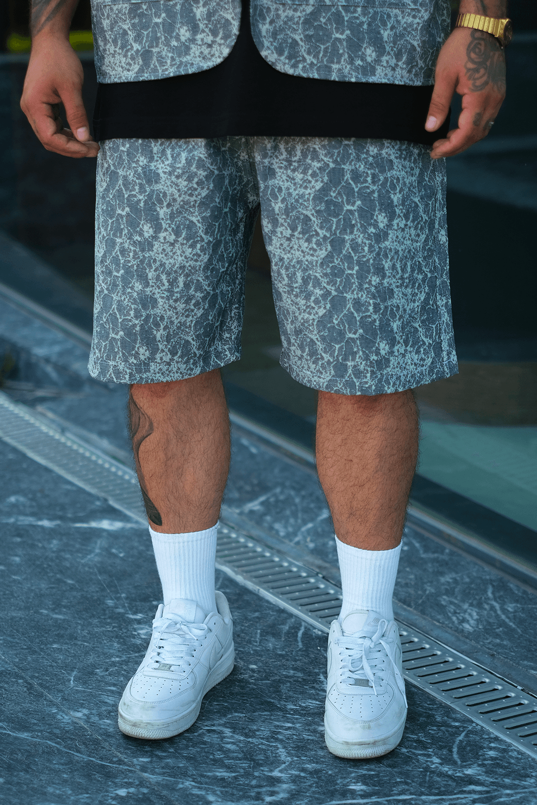 808 Buz Mermer Desen Oversize Takım ( Yelek + Şort )