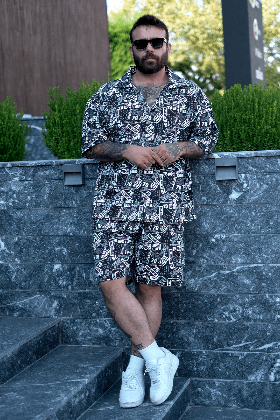 808 78 Desen Tok Oversize Takım ( V Yaka Gömlek + Şort )
