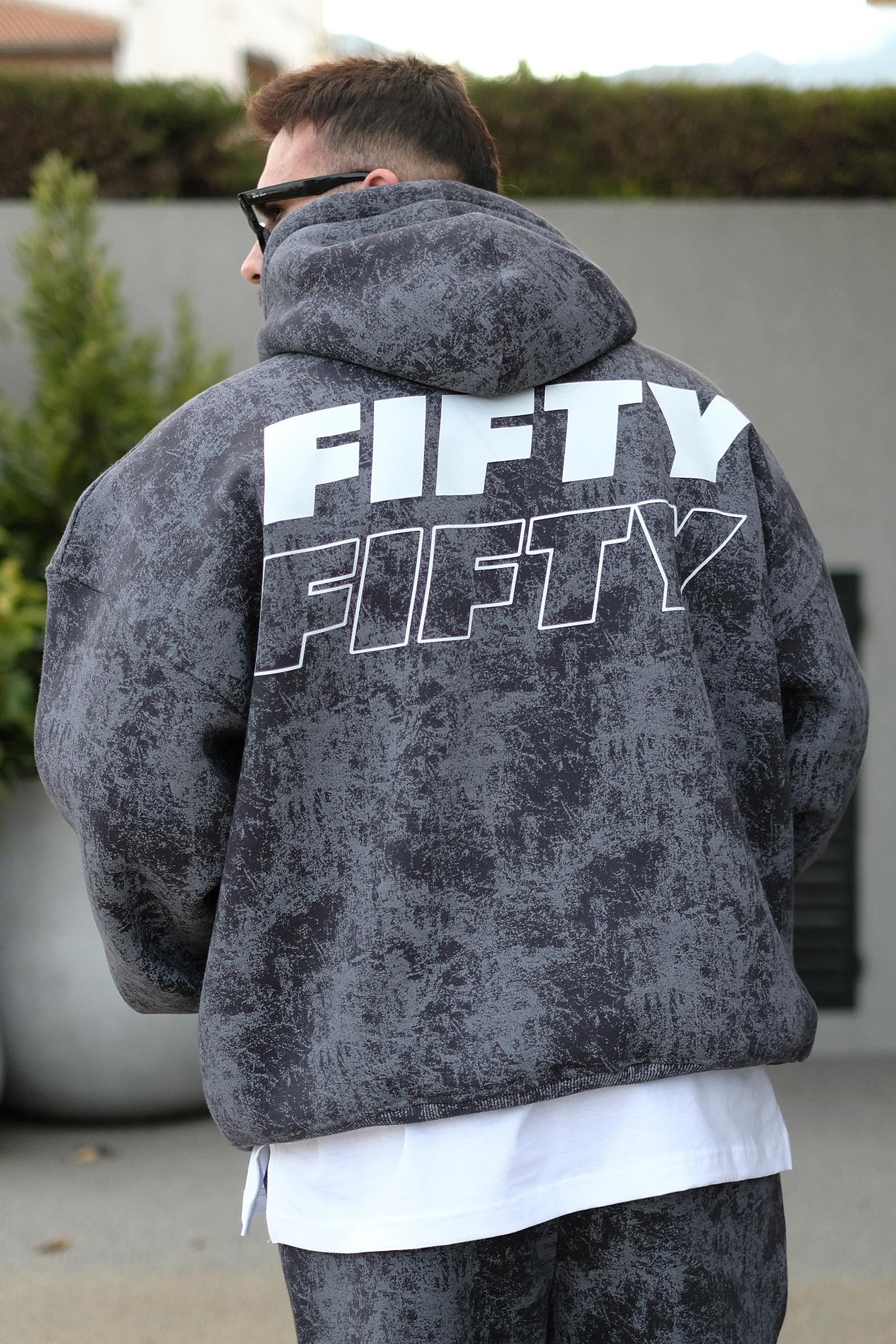 808 Fifty Baskılı Özel Tasarım Eskitme Efektli Puff Hoodie