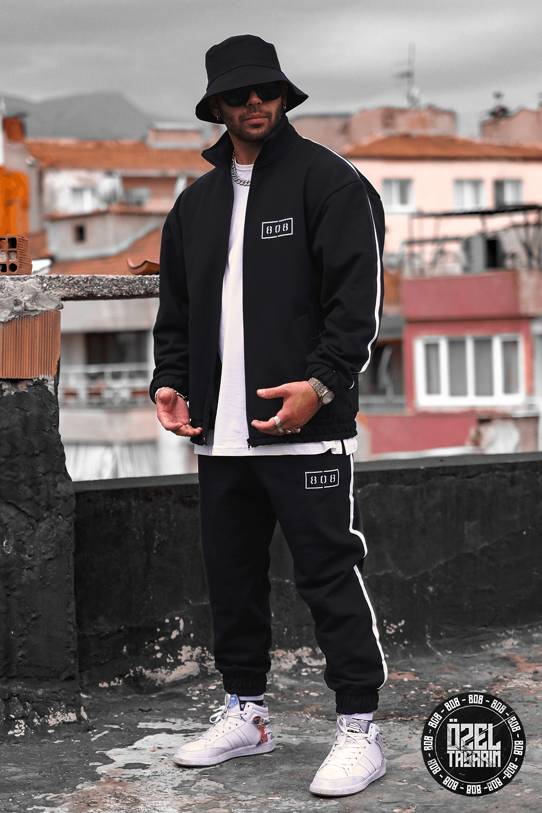 808 Dokuma Şerit Detay Oversize Takım ( Ceket & Jogger ) - Beyaz Şerit