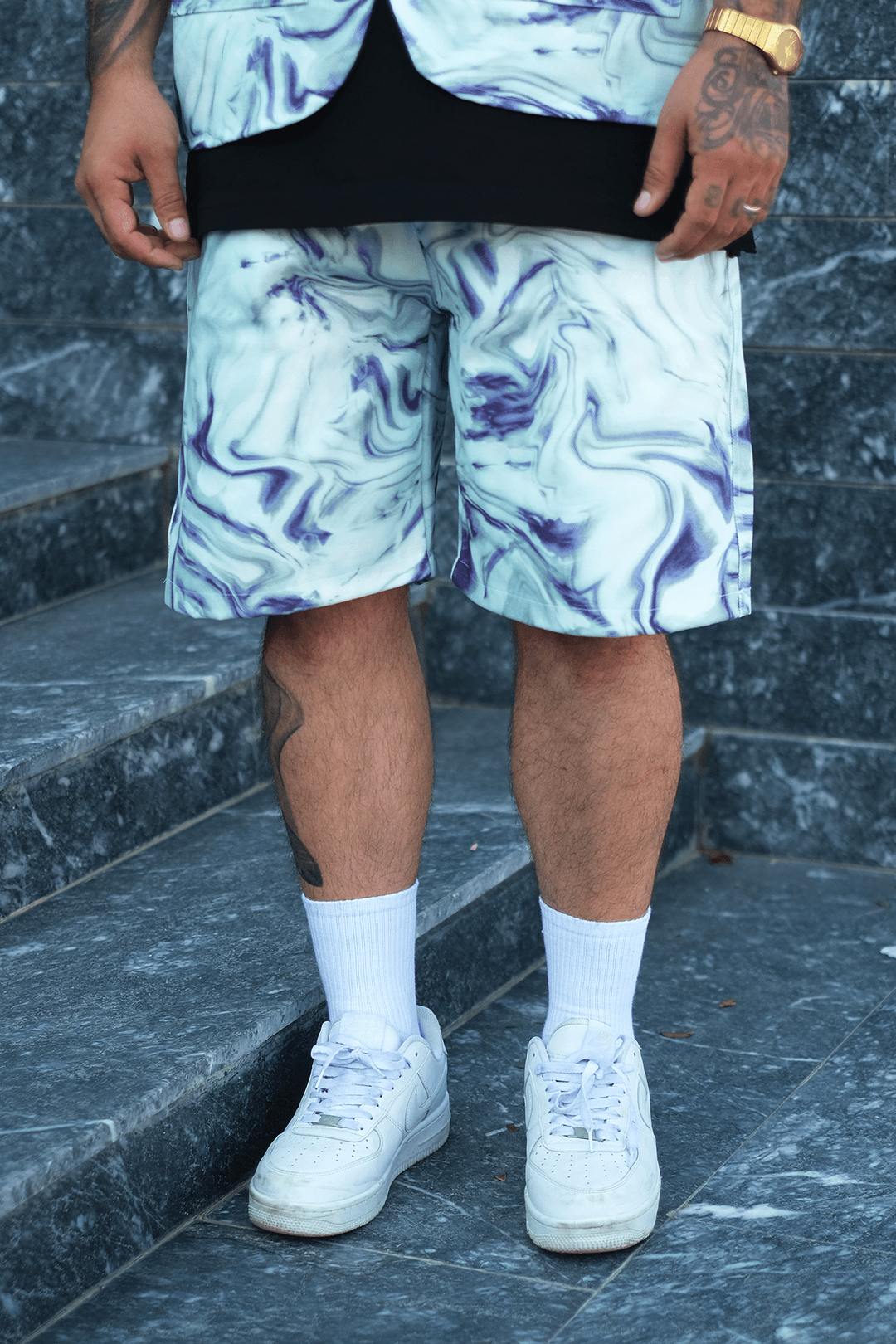 808 Mavi Ametist Desen Oversize Şort