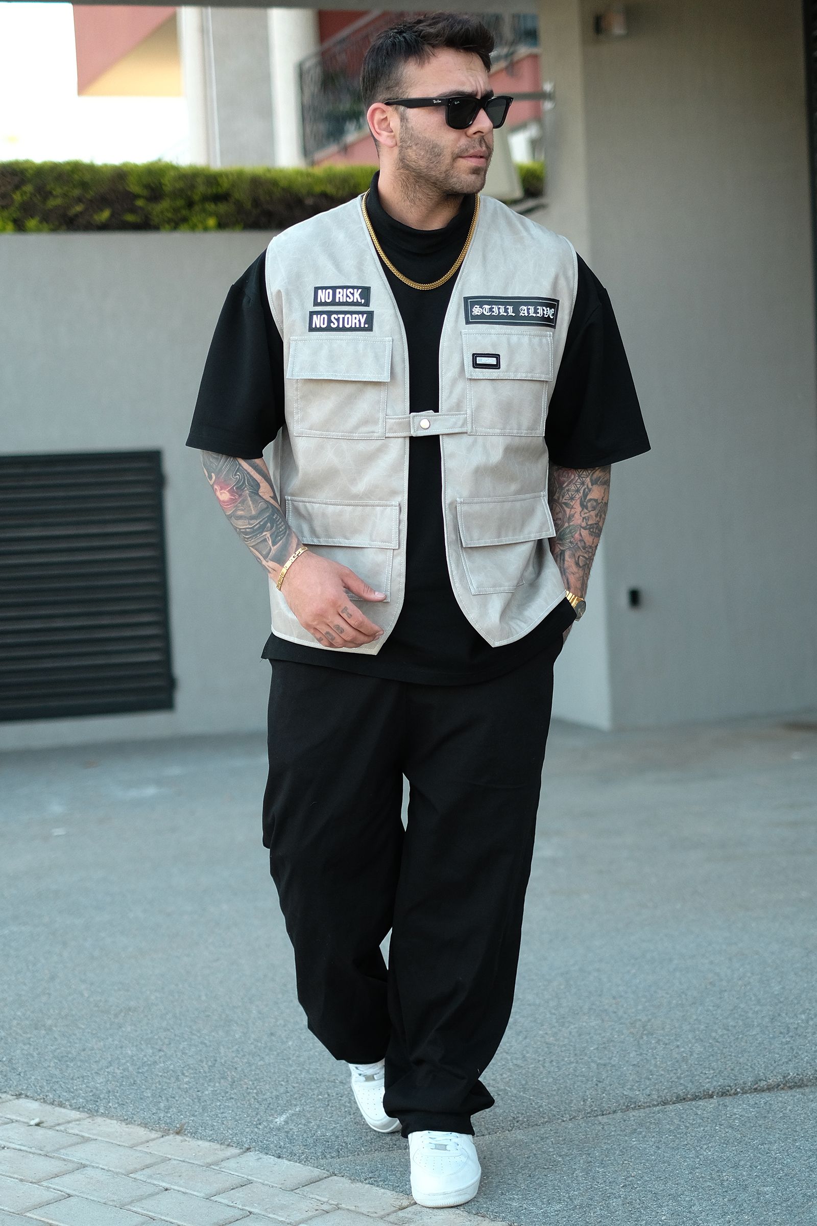 808 Oversize Tek Düğme ''Still Alive '' Deri Patch Yelek