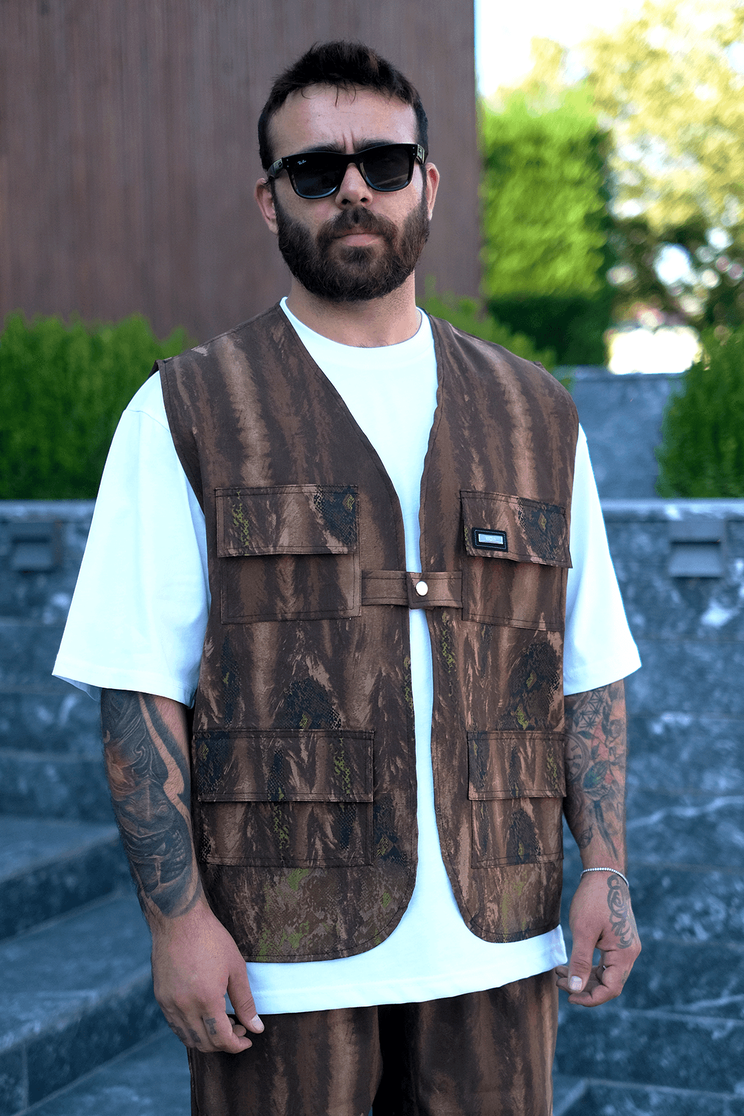 808 Timberline Desen Tek düğme Oversize Yelek