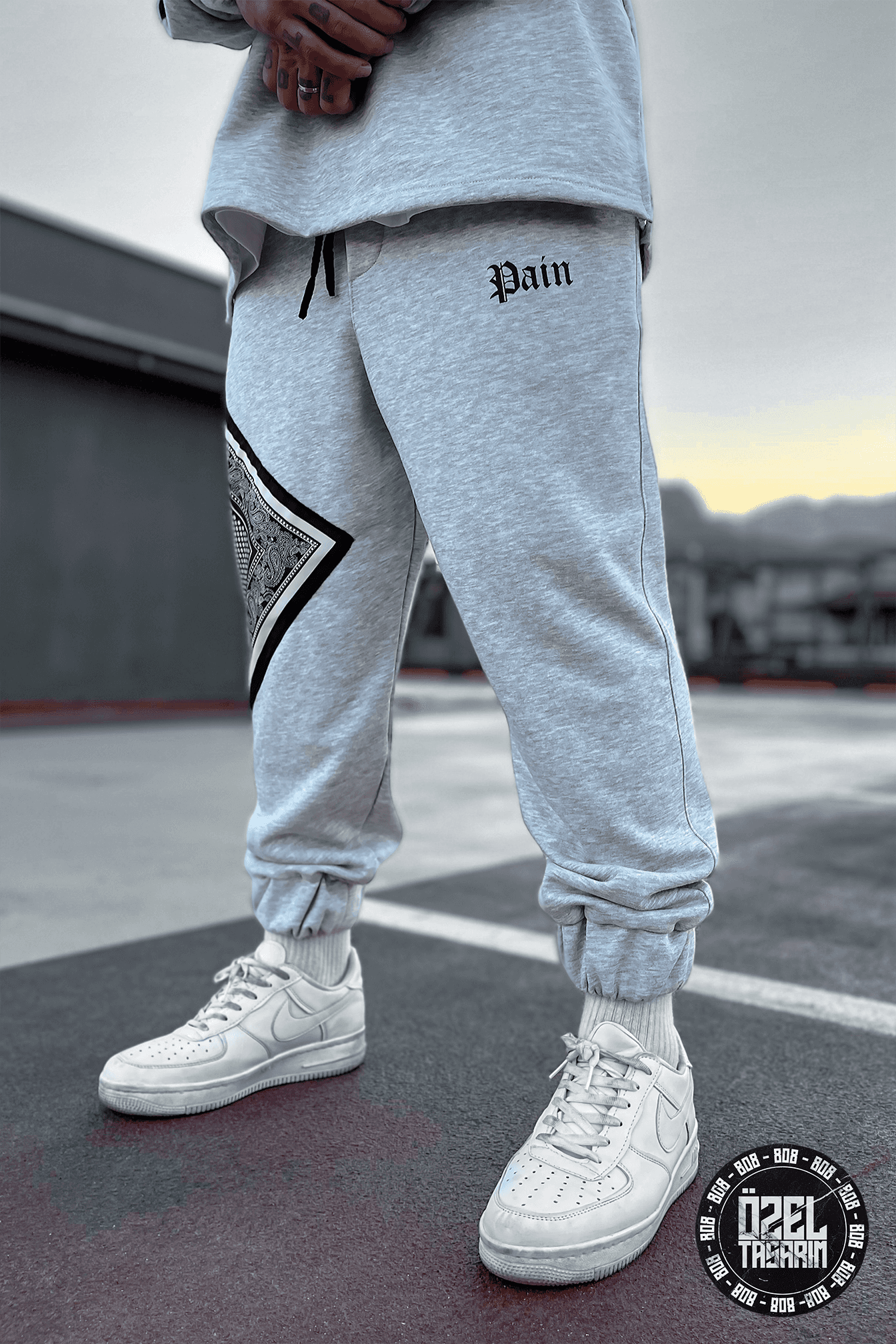 808 Pain Bandana Kontrast Oversize ( Sweatshirt + Jogger ) - Gri Melanj