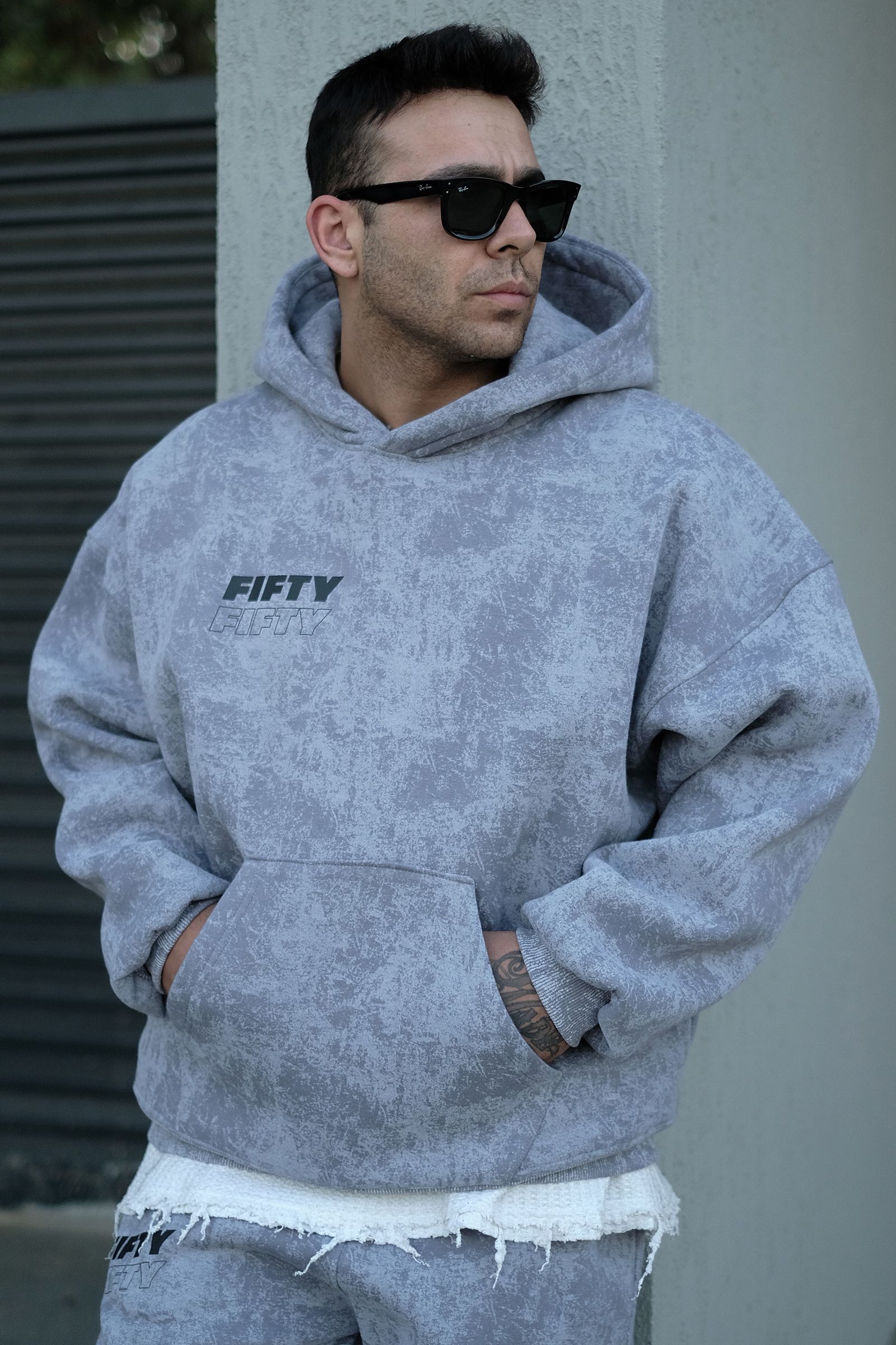 808 Fifty Baskılı Özel Tasarım Eskitme Efektli Puff Hoodie