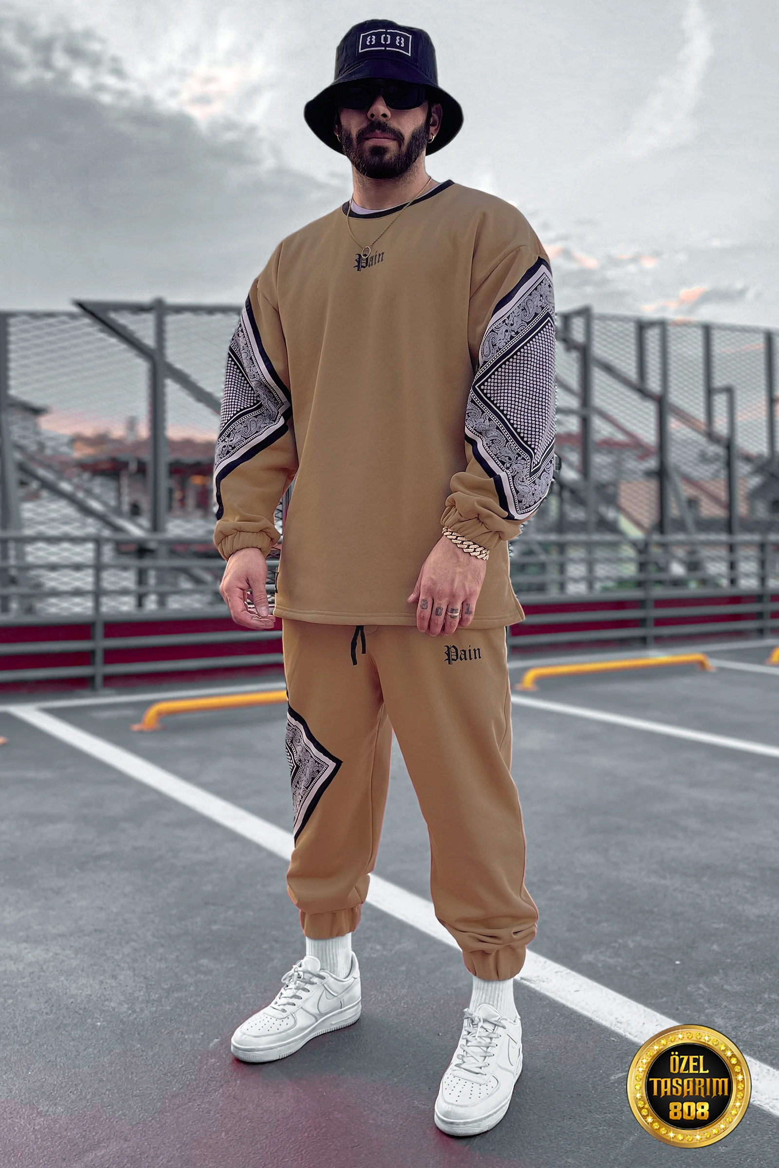 808 Pain Bandana Kontrast Oversize ( Sweatshirt + Jogger ) - Açık Kahverengi
