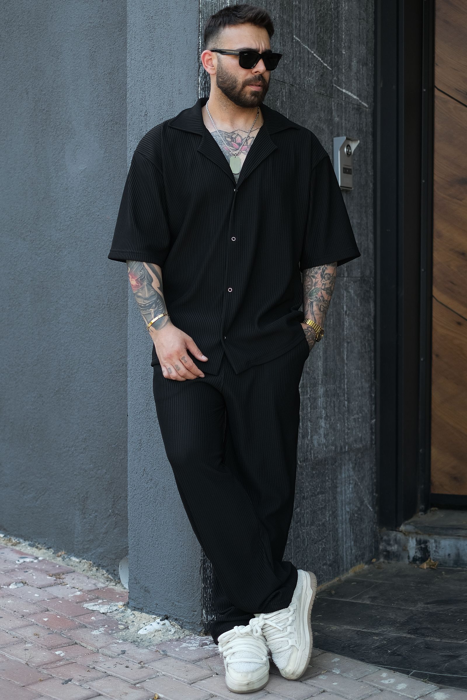 808 Fitil Dokulu Oversize V Yaka Takım (Gömlek - Jogger) - Siyah