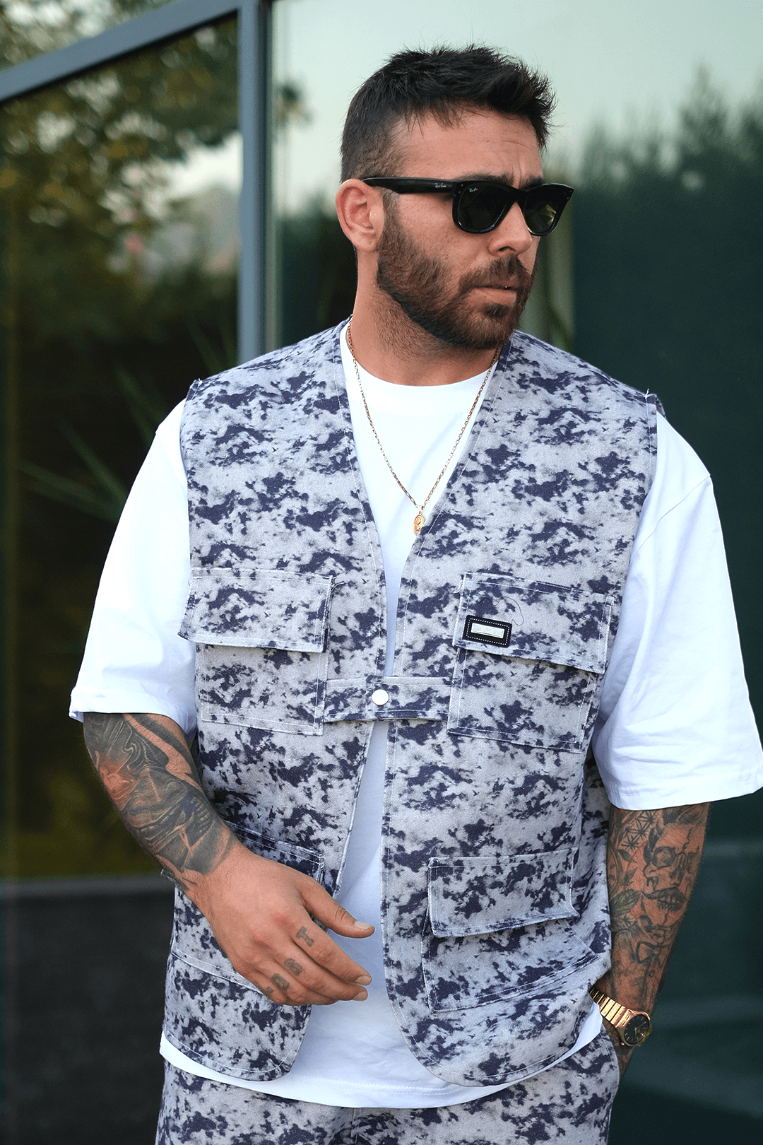 808 Gölge Batik Desen Tek Düğme Oversize Yelek