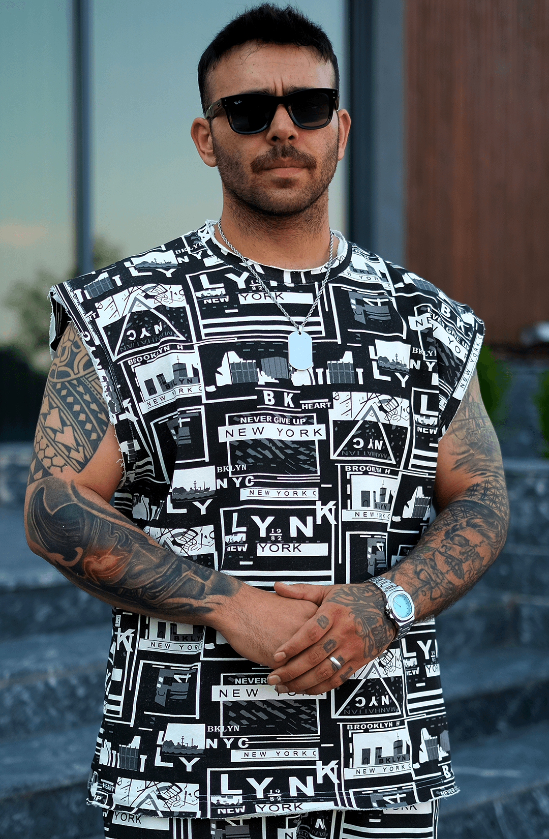 808 NYC Desen Tok Oversize Kolsuz Tişört