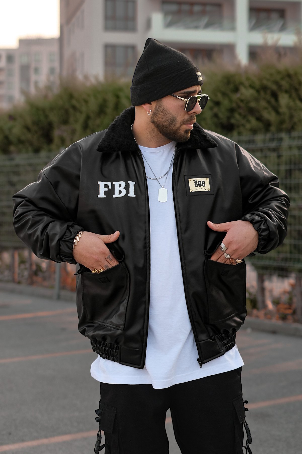 808 “FBI” Dolgulu Kürk Yaka Oversize Suni Deri Mont