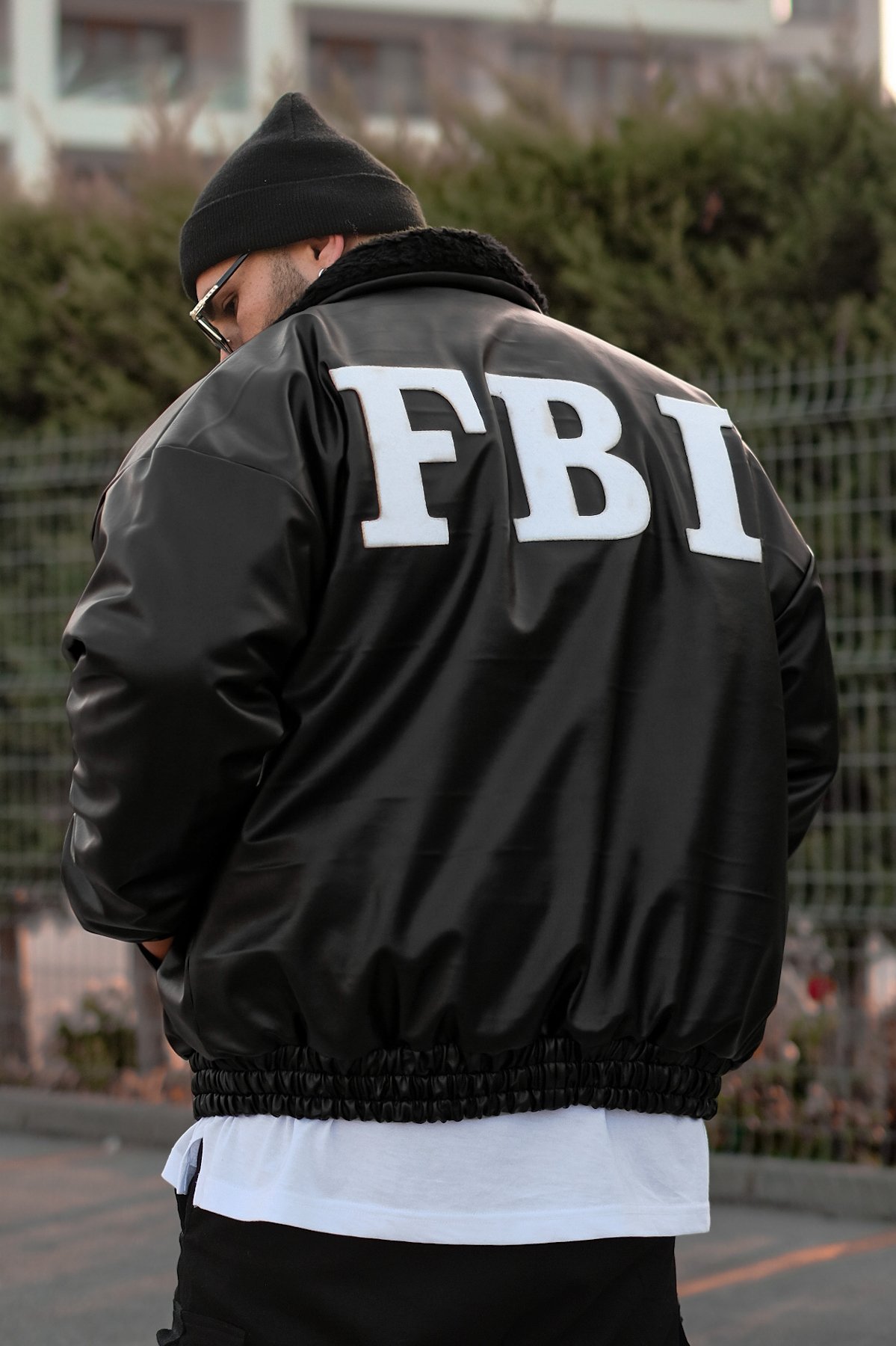 808 “FBI” Dolgulu Kürk Yaka Oversize Suni Deri Mont