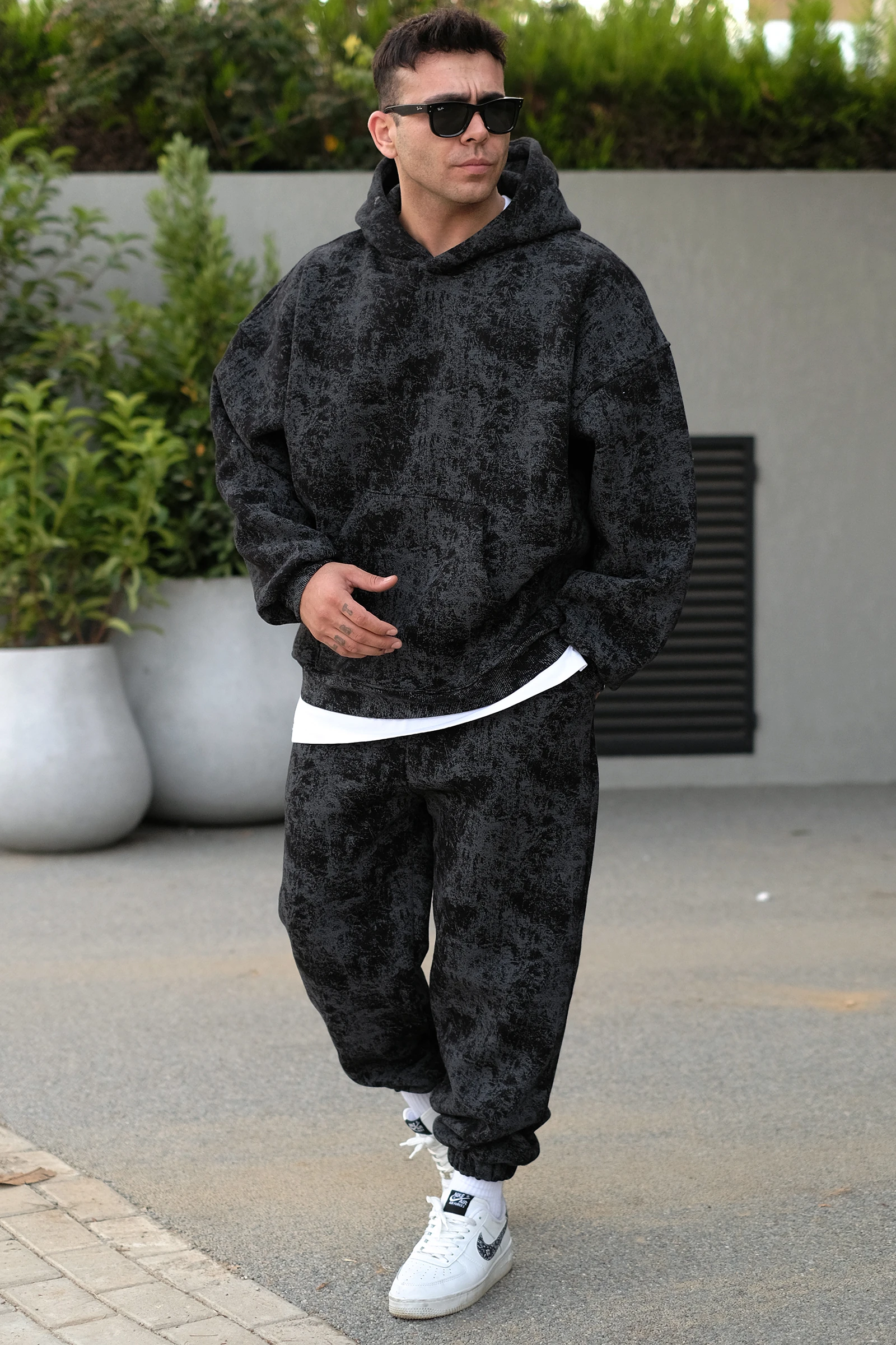 808 Eskitme Efekt Extra Oversize Puff Hoodie - Siyah