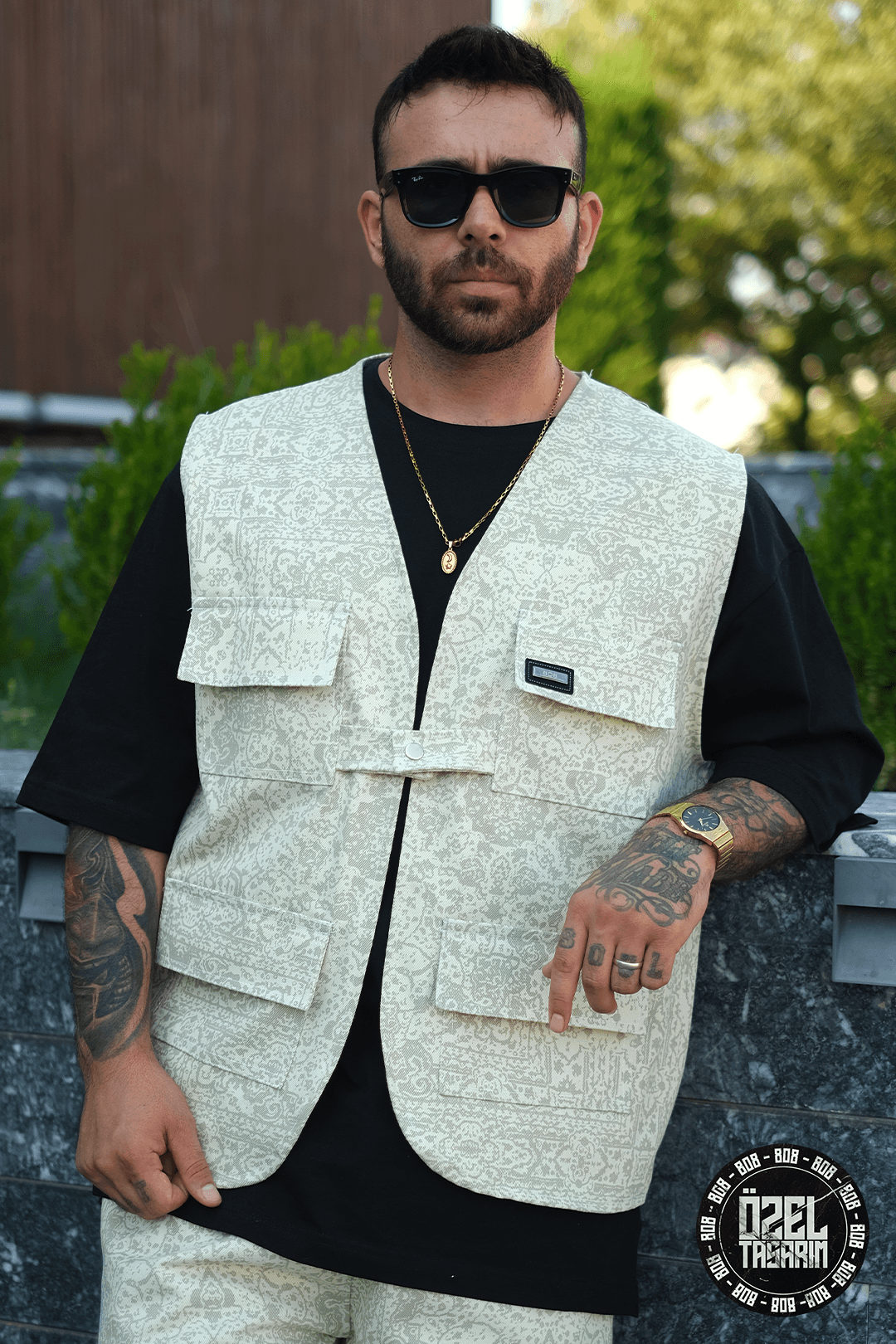 808 Fildişi Mozaik Desen Tek Düğme Oversize Yelek
