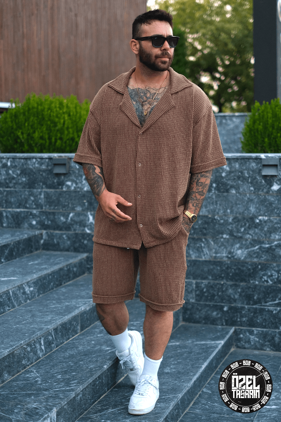 808 Kahverengi Taş Örgü Oversize Takım ( Gömlek + Şort )
