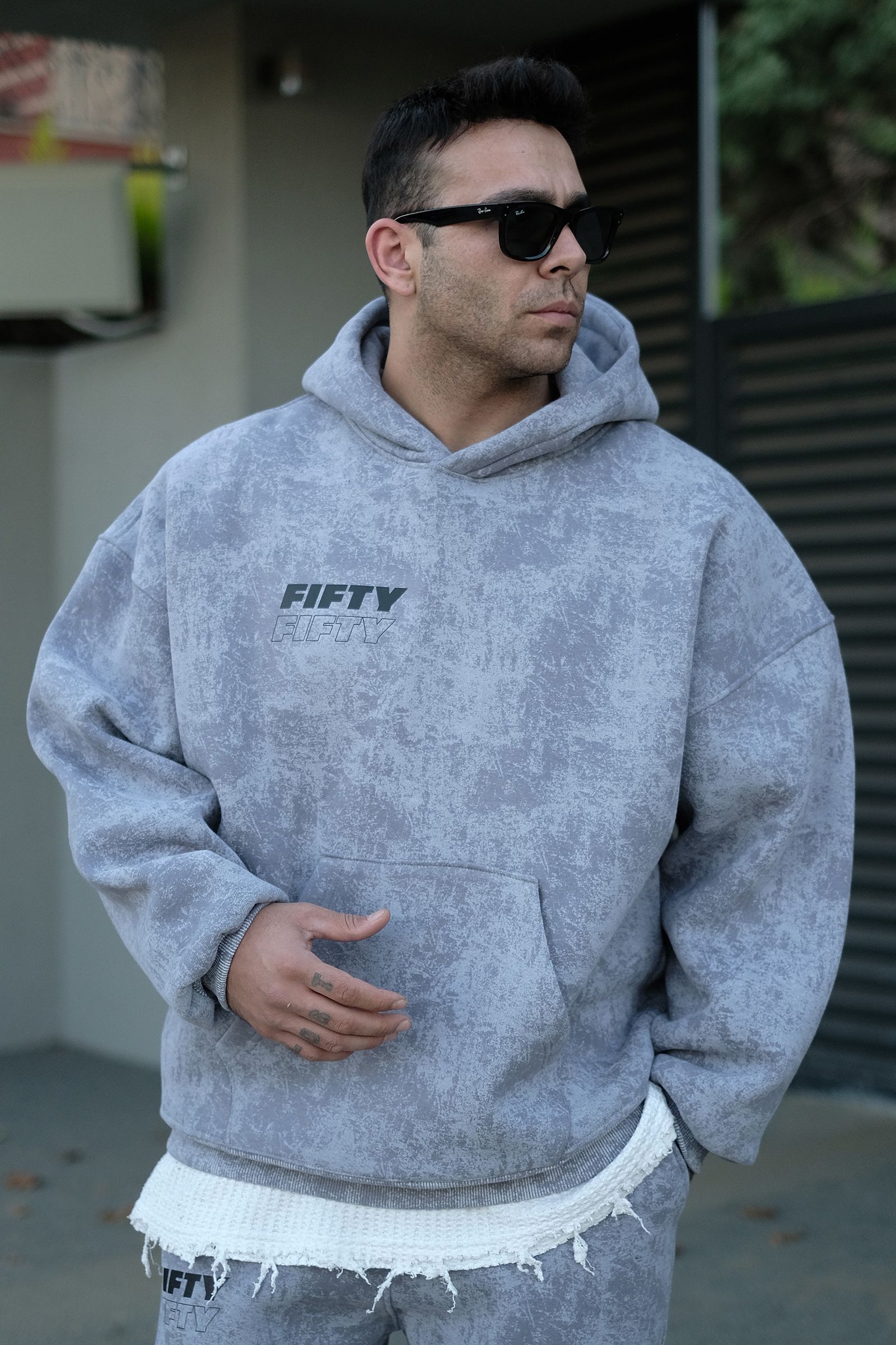 808 Fifty Baskılı Özel Tasarım Eskitme Efektli Puff Hoodie