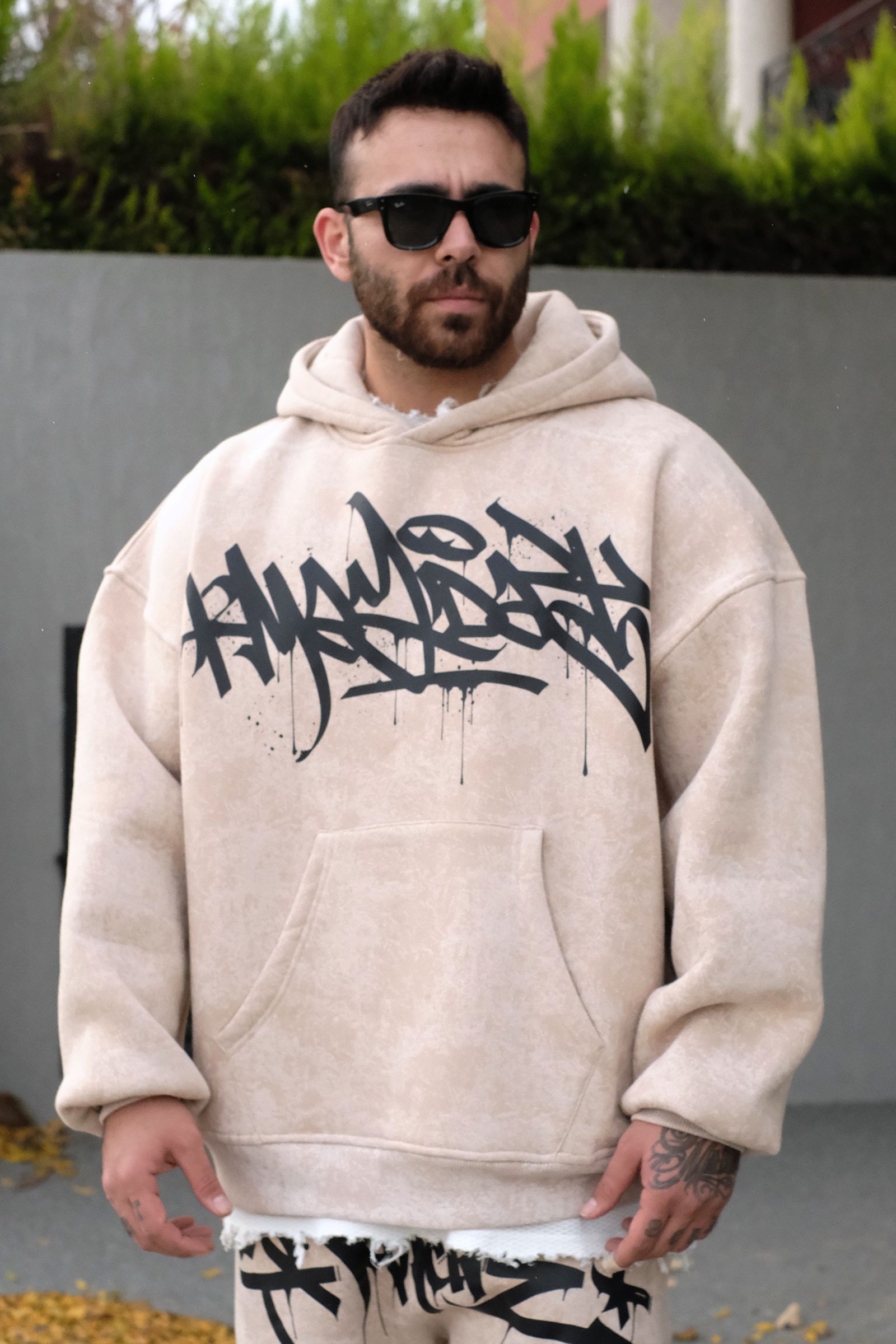 808 Tag Baskılı Özel Tasarım Oversize Hoodie - Ekru Batik