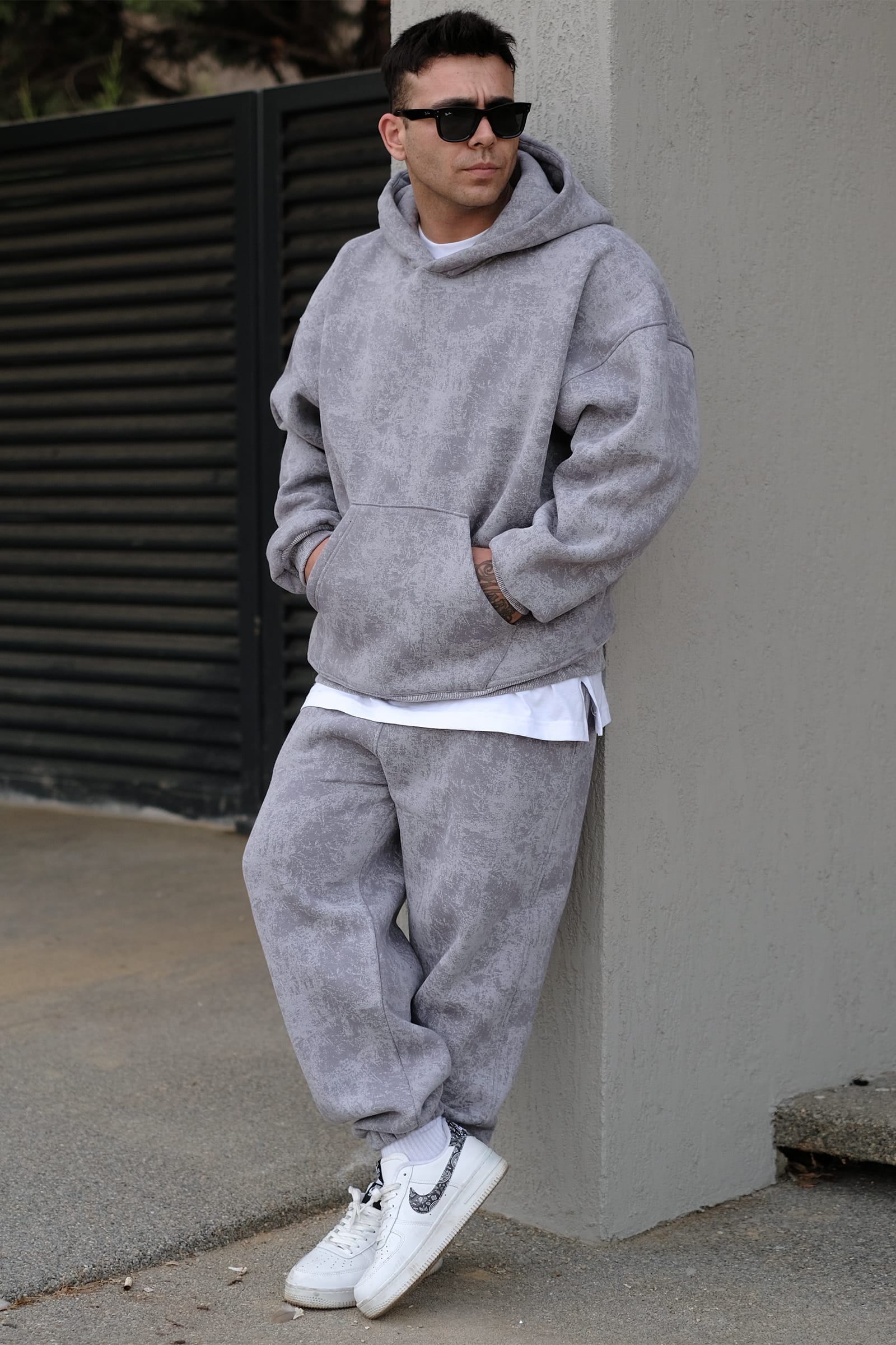 808 Eskitme Efekt Extra Oversize Puff Hoodie - Gri