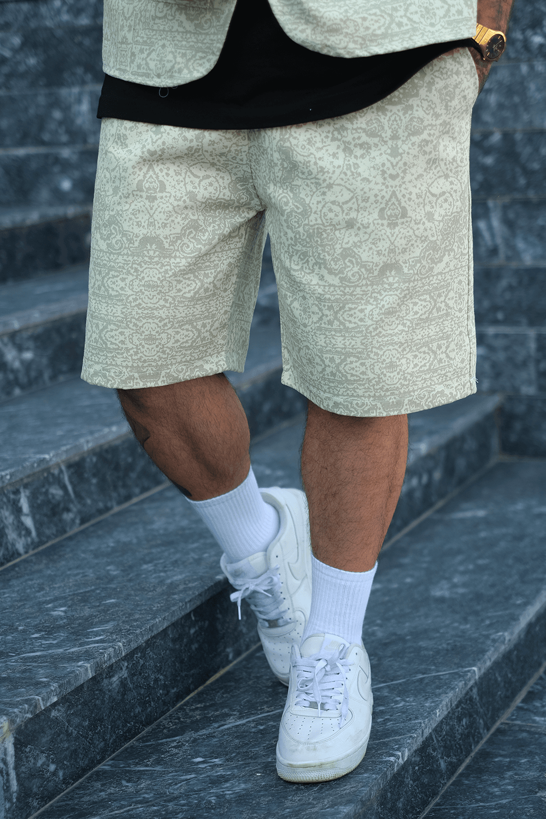 808 Fildişi Mozaik Desen Oversize Takım ( Yelek + Şort )