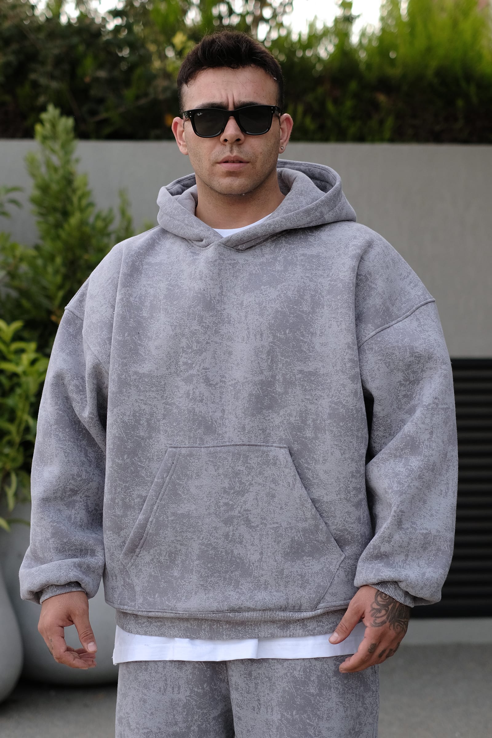 808 Eskitme Efekt Extra Oversize Puff Hoodie - Gri