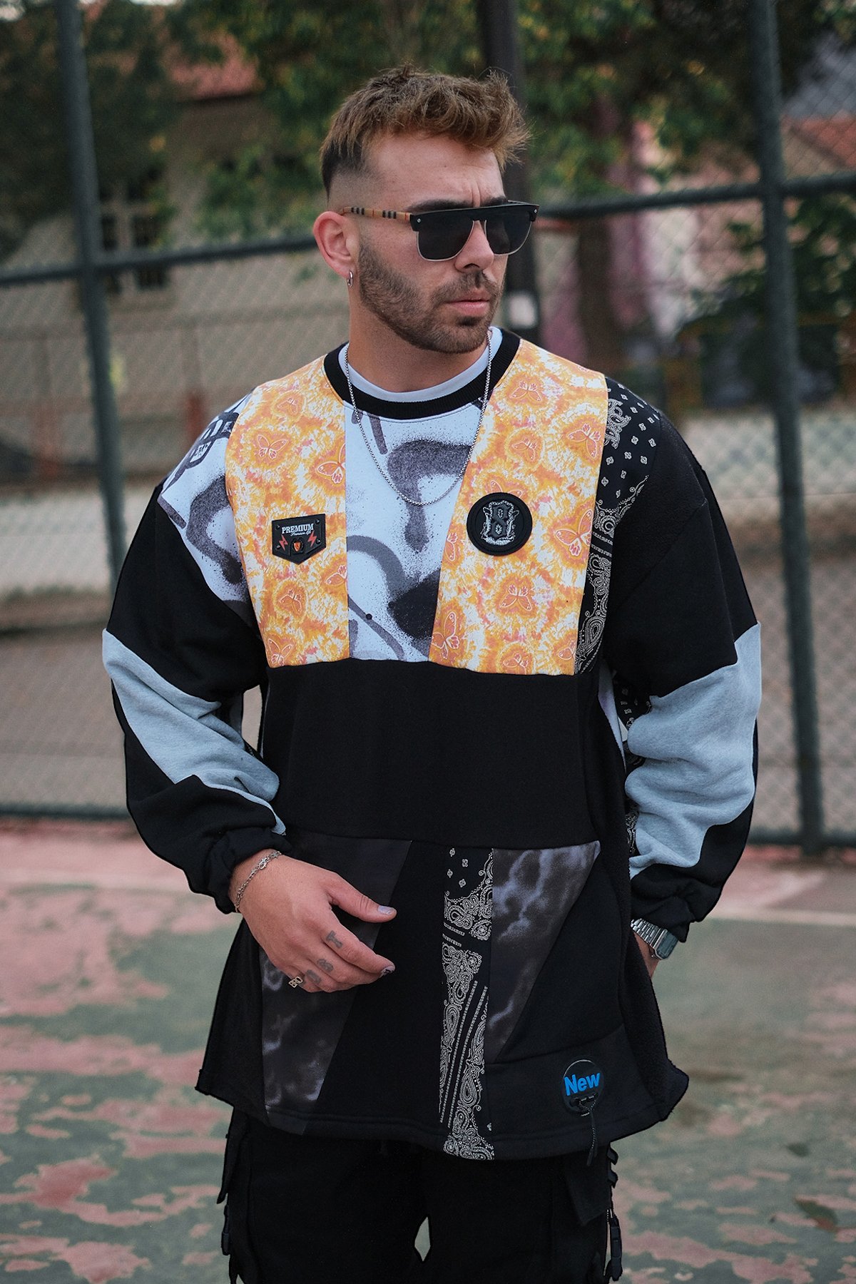 808 Patchwork Fermuar Yırtmaç Oversize Sweatshirt 3