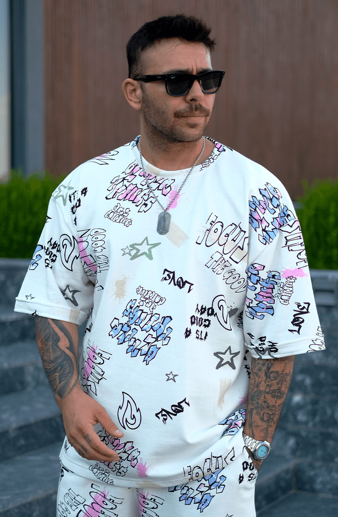 808 karışık graffiti desen tok oversize Takım ( Tişört + Şort )