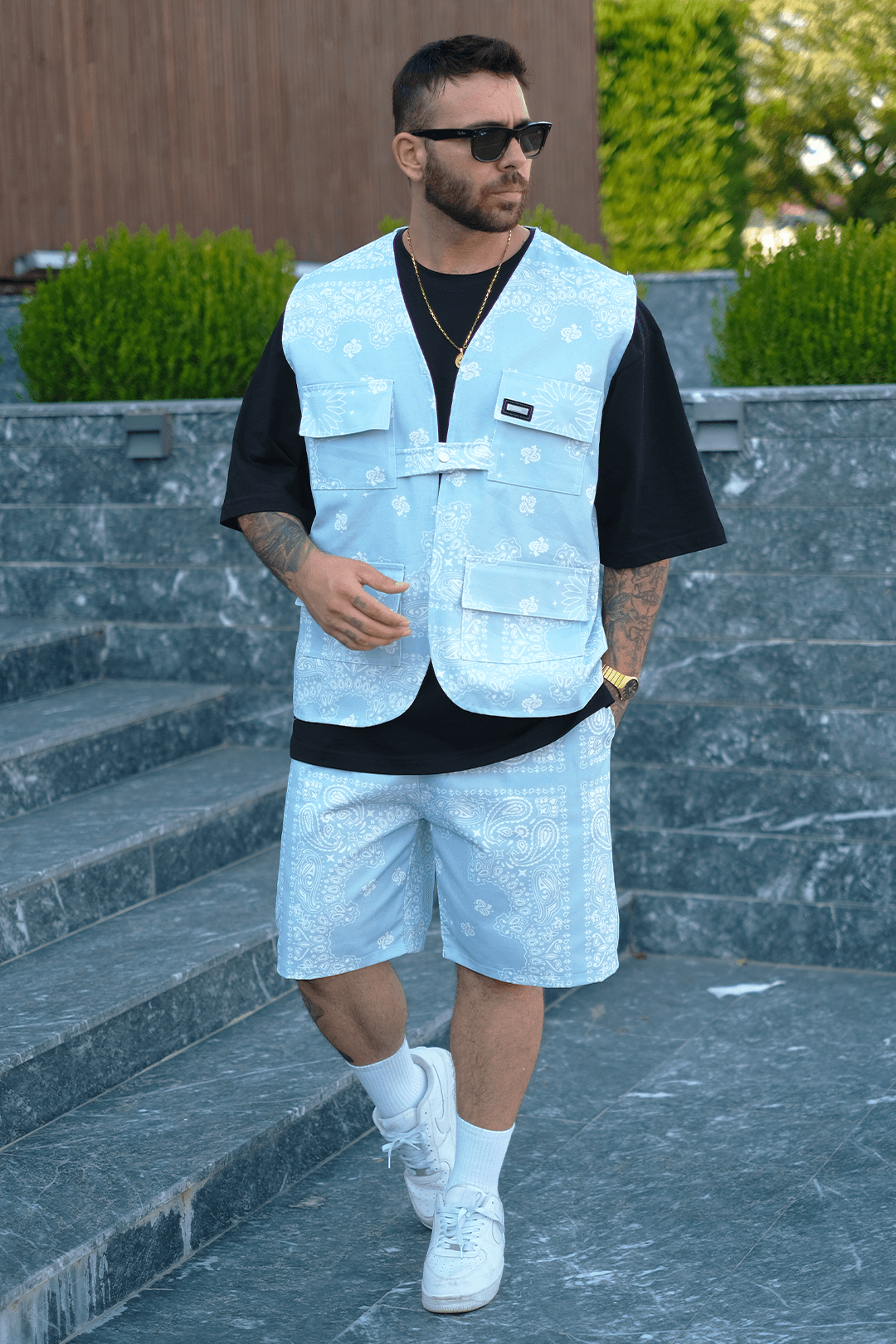 808 Sky Bandana Desen Oversize Takım ( Yelek + Şort )