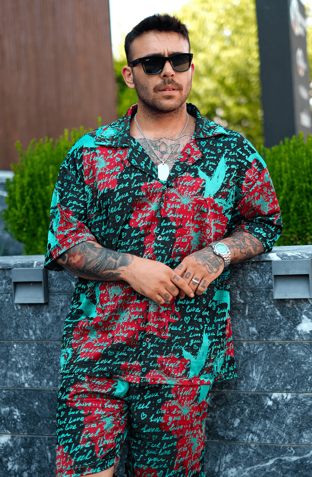 808 Yazı Desen Dökümlü V Yaka Oversize Takım ( Gömlek + Şort )