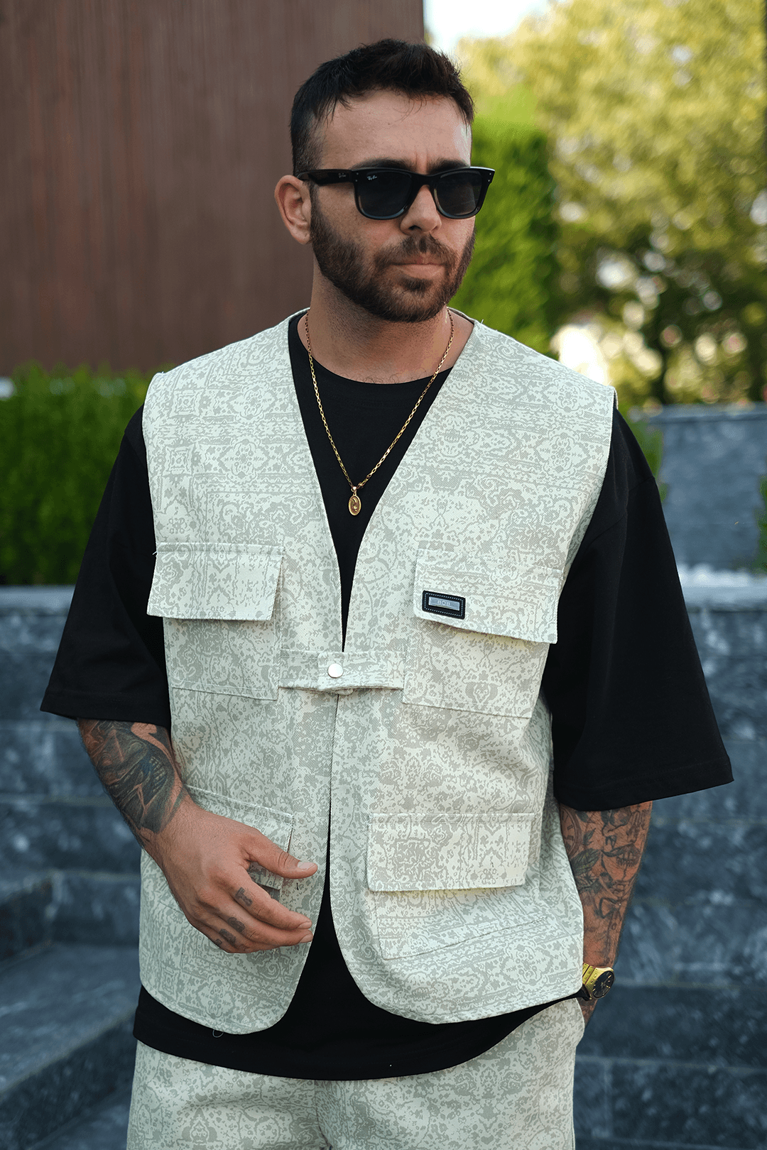 808 Fildişi Mozaik Desen Tek Düğme Oversize Yelek